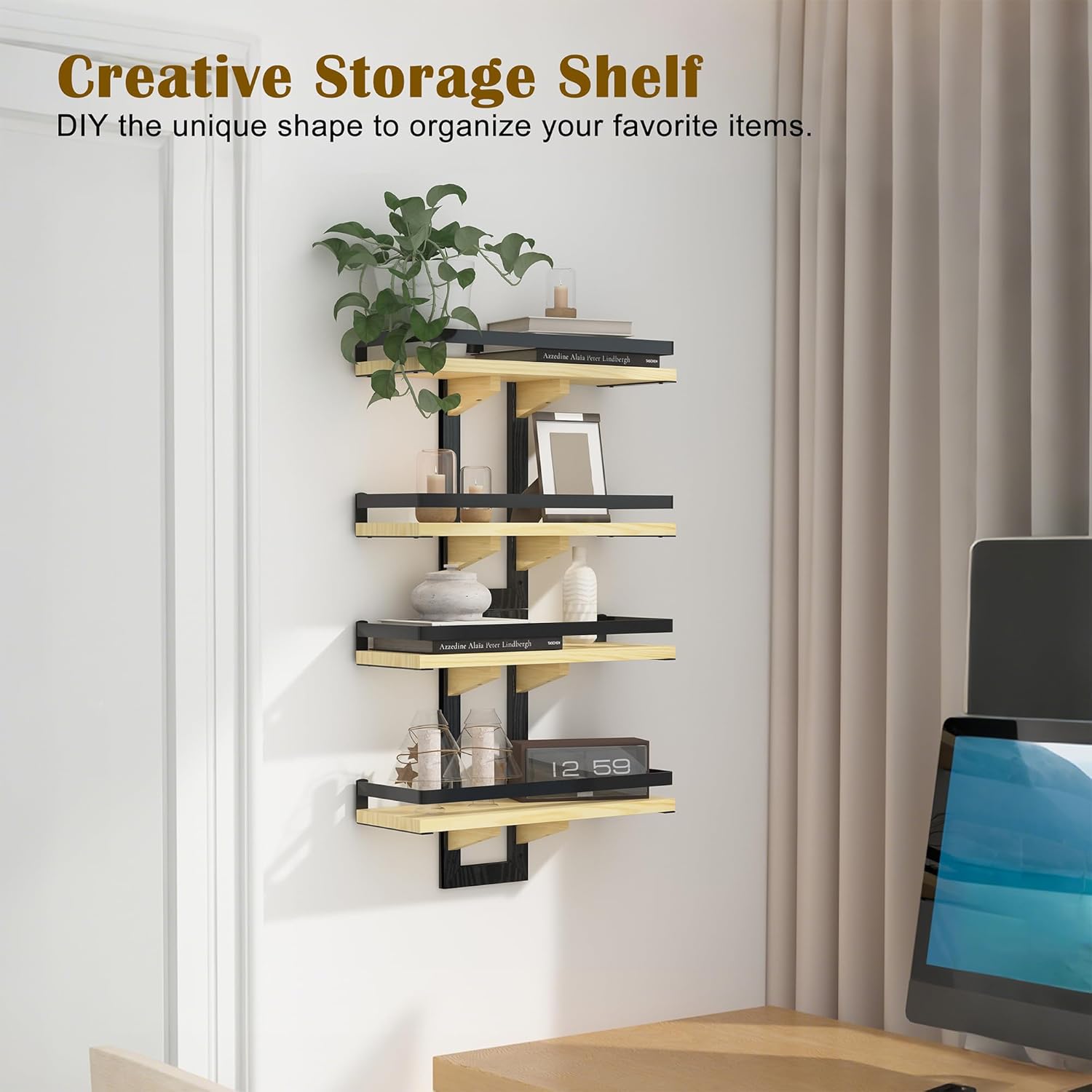 Floating Shelves for Wall, 2-Tier Wood Hanging Decor Storage Shelves, Wall Mounted Floating Shelf for Living Room, Bedroom, Bathroom, Kitchen, Office, Study (2-Pack Wood)