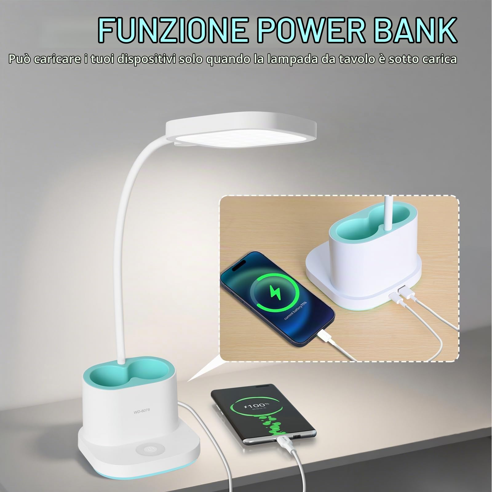 Lampada da Scrivania Ricaricabile 2400mAh, 3 Livelli Luminosità | Collo Flessibile 360°, Portapenne e Luce Notturna, Lampada da Tavolo Senza Fili per Camera da Letto, Studio, Bambini, Bianca
