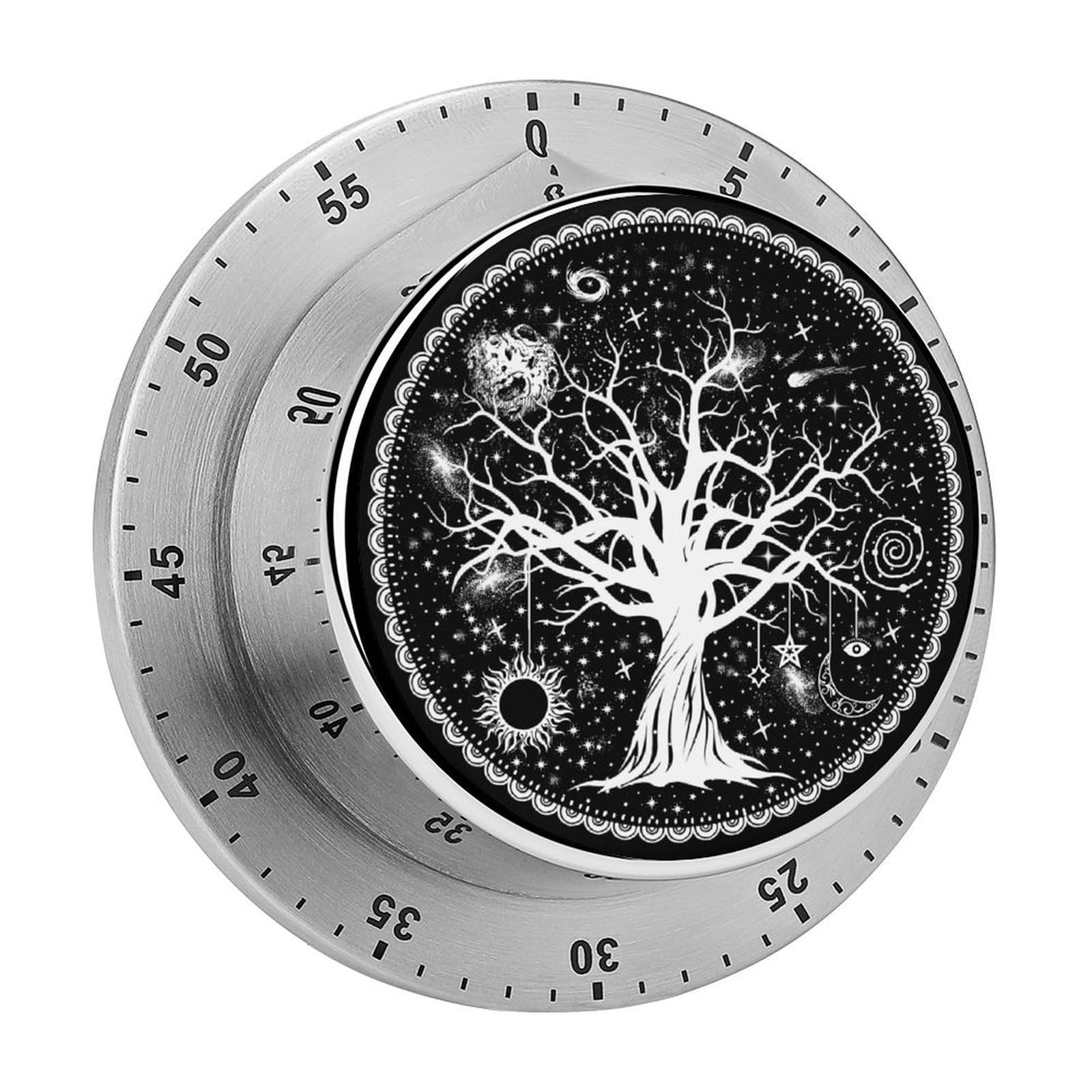 Tree of Life Trippy Mandala Moon and Sun Black Mystic Pattern Circular Rotating Timer, Suitable for Kitchen and Bedroom