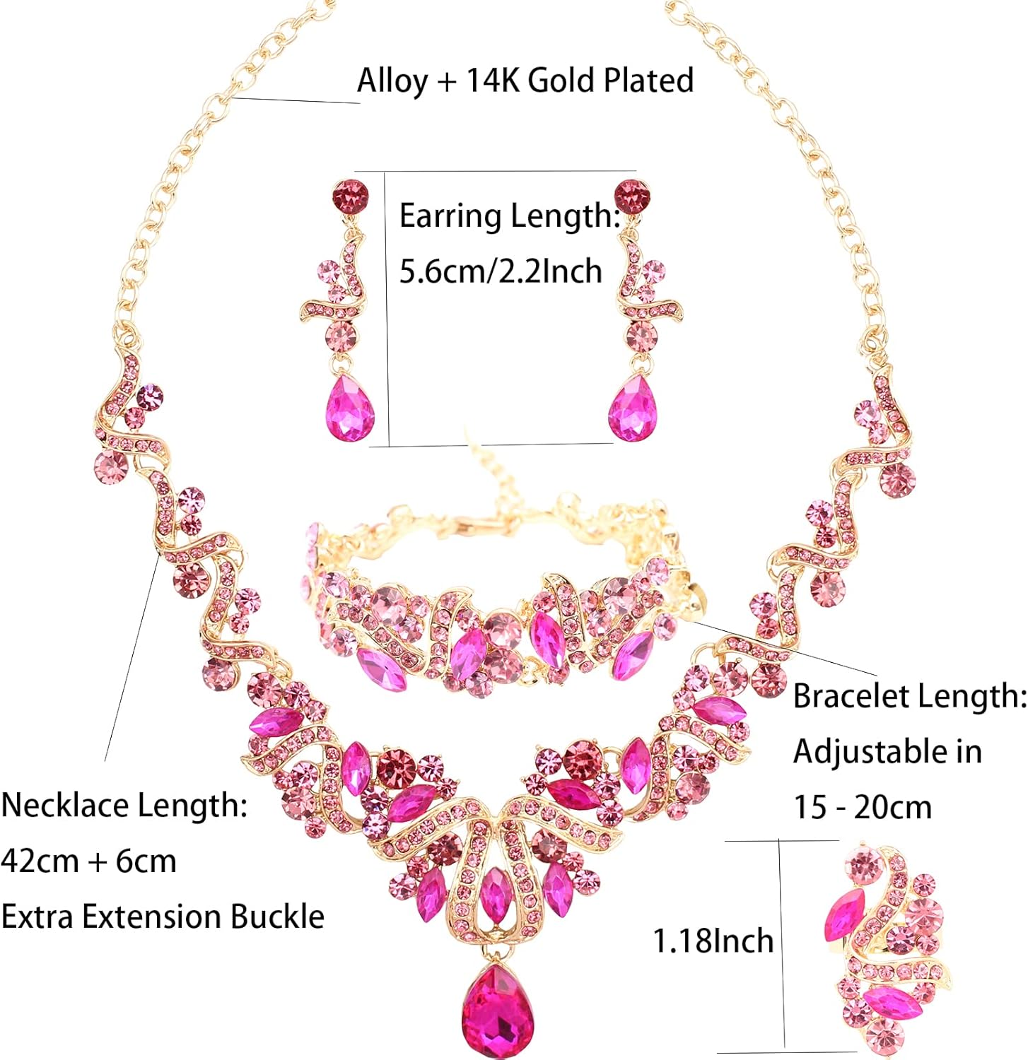 Jewelry Set for Women, Statement Necklace Dangle Earrings Bracelet Ring, White/KC Gold Plated Jewelry Set with Rhinestone Pearl Crystal Wedding Party Jewelry for Bridal Bridesmaid - Image 2