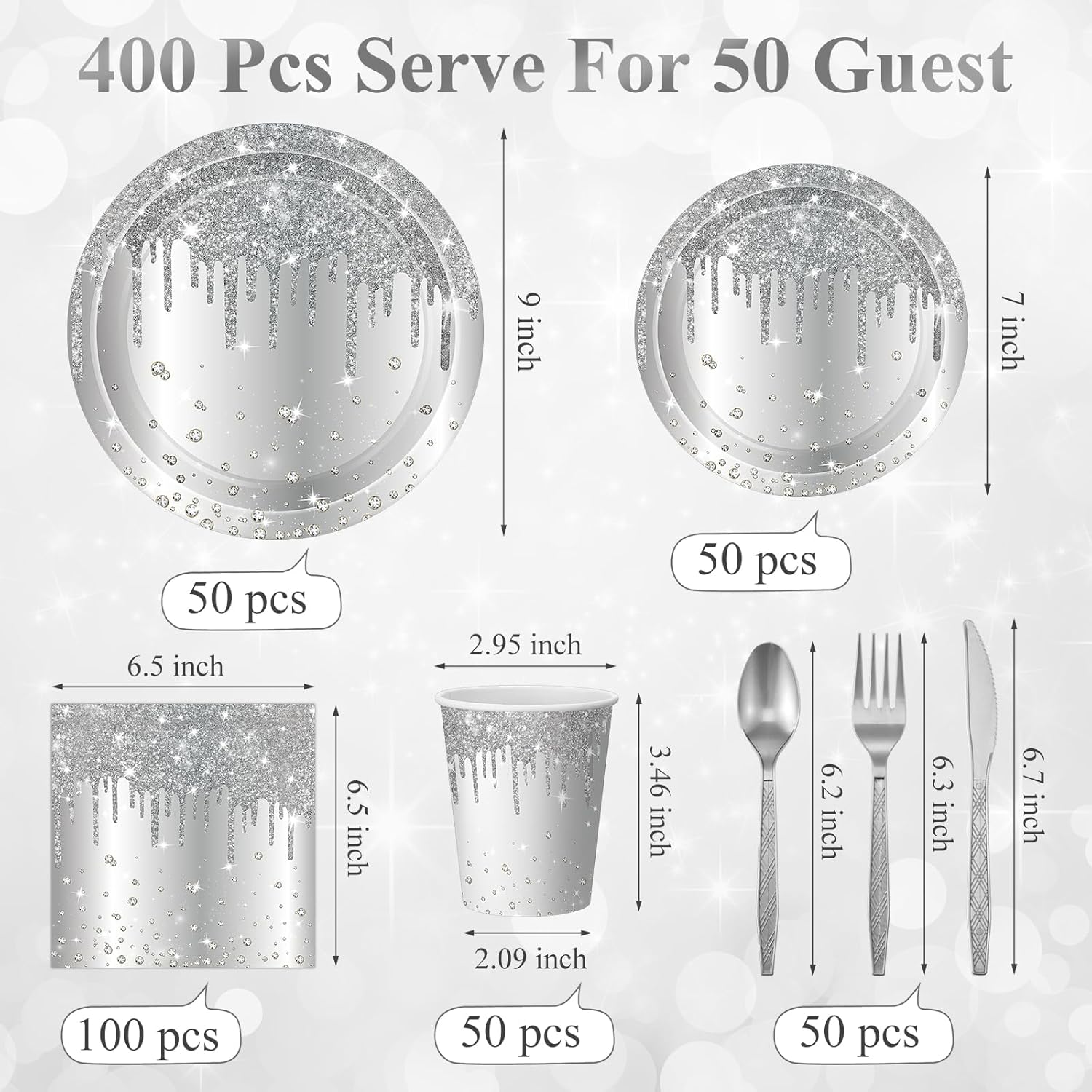 400 Pcs Silver Birthday Party Supplies Disposable Paper Plates Glitter Diamonds Napkins and Cups for Women Birthday Anniversary Wedding Party Decorations Supplies - Image 3
