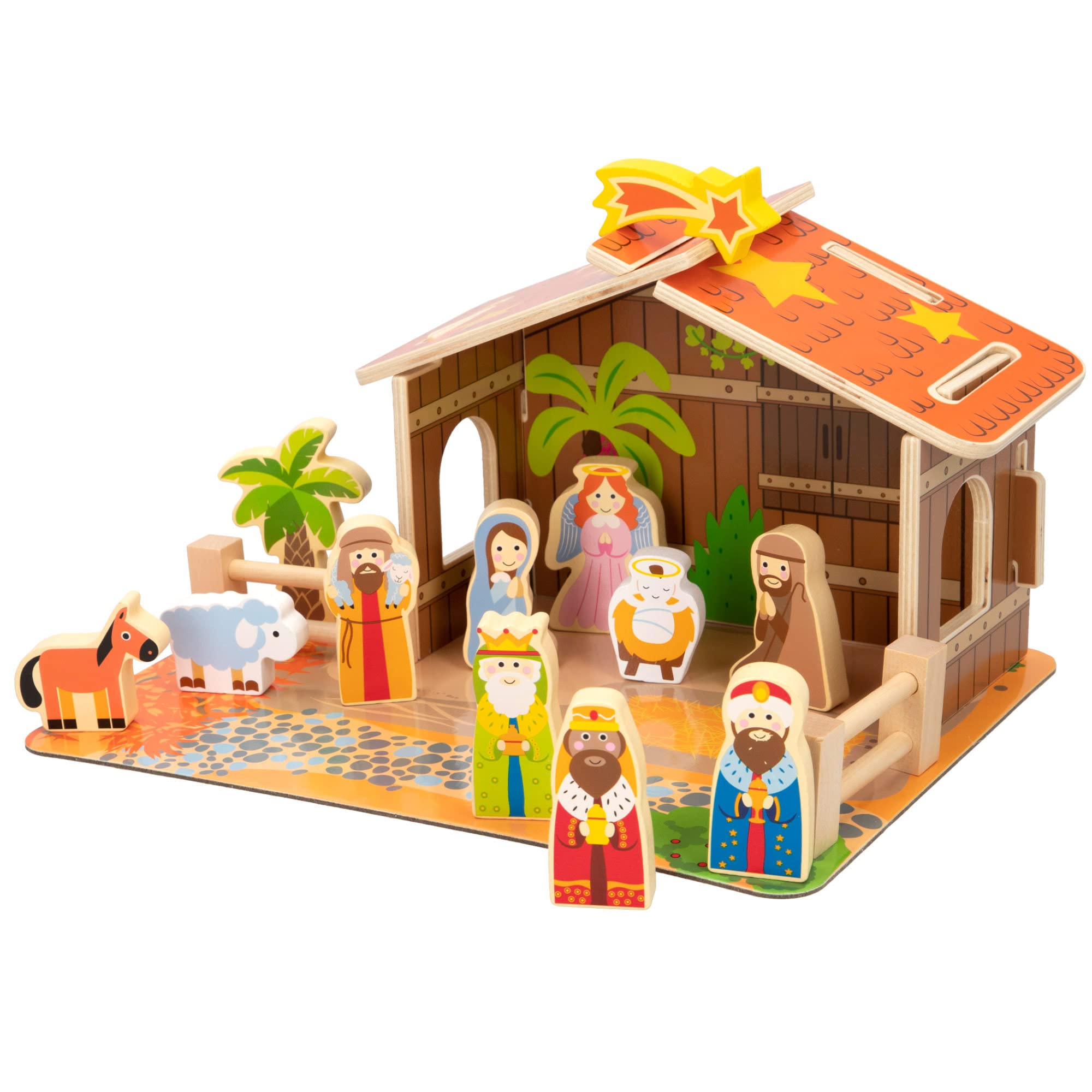 WOOMAX Portal de Belén de Madera Infantil, 20 Piezas, Nacimiento Navidad, Pesebre, Reyes Magos, para niños +3 años, Decoración navideña (46204)