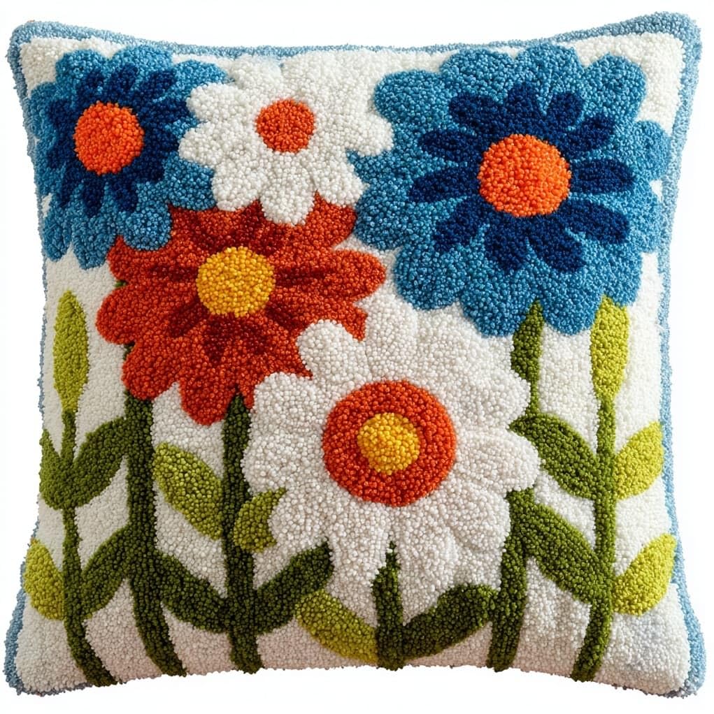 Henypt DIY Latch Hook Cushion Kit 43x43cm,Daisy Complete Needlecraft Set with Pre-Cut Yarn & Tools,Creative Home Decor Gift for All Ages