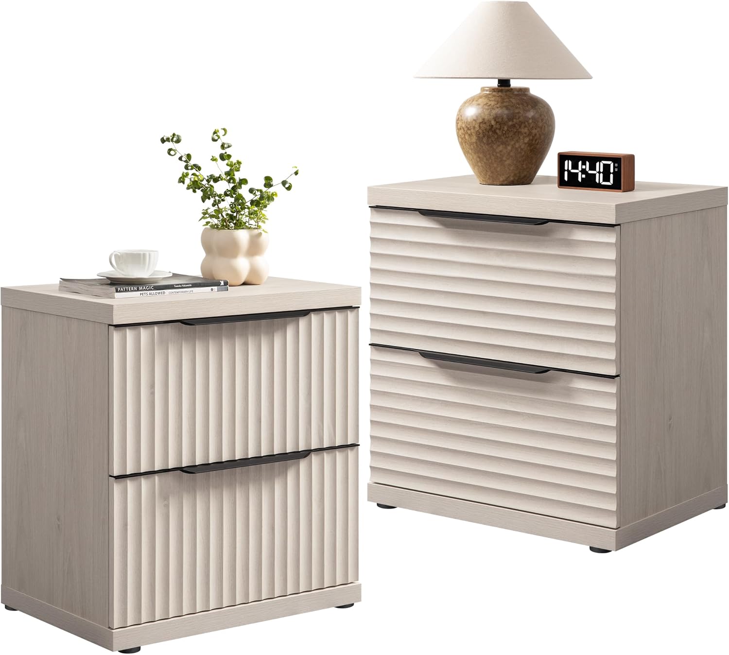 SICOTAS Fluted Night Stand Set 2 - Modern Nightstand with 2 Large Drawers, 22 Inch Wide Bedside Table for Bedroom, Mid Century Bed Side Tables Bedroom, White Alder