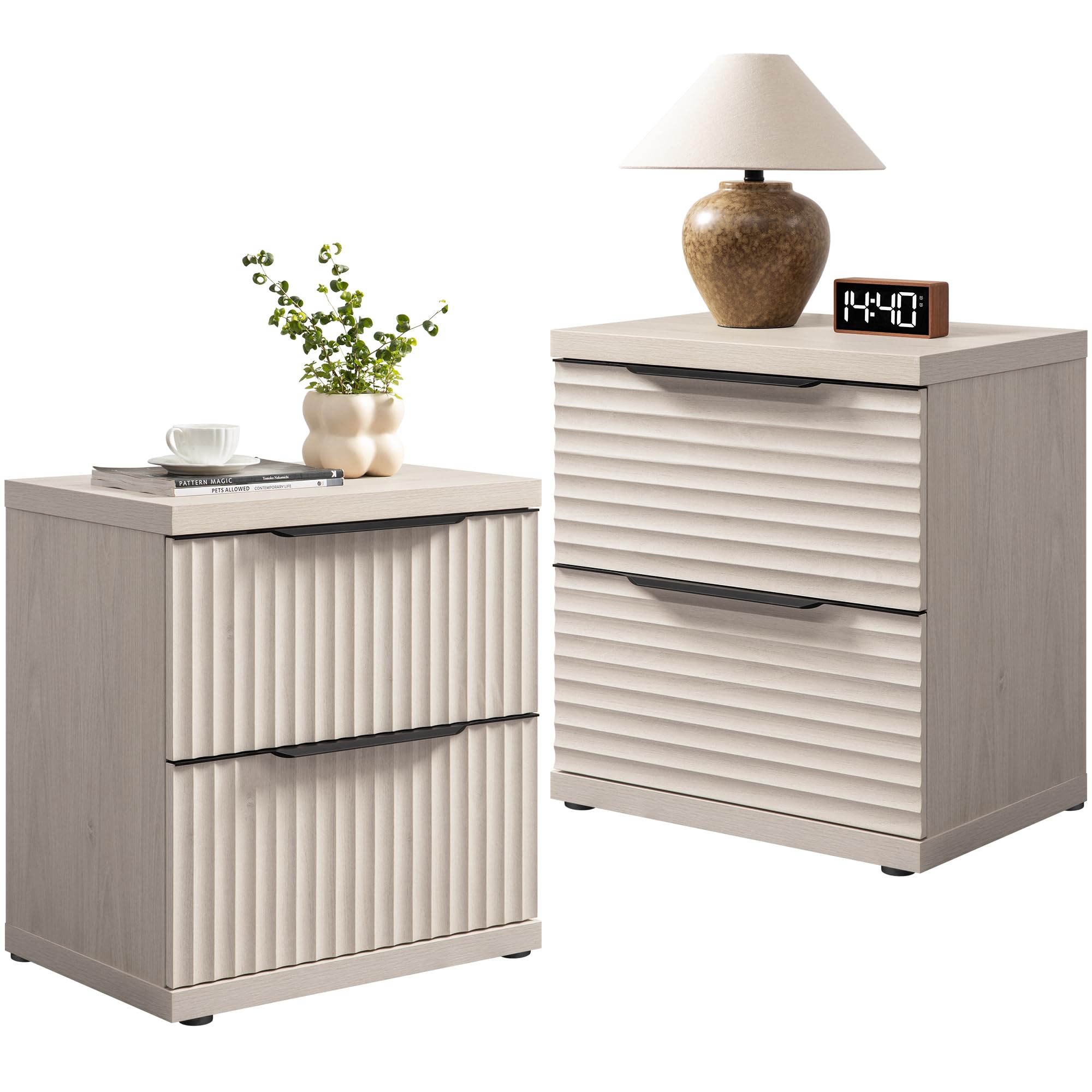 SICOTAS Fluted Night Stand Set 2 - Modern Nightstand with 2 Large Drawers, 22 Inch Wide Bedside Table for Bedroom, Mid Century Bed Side Tables Bedroom