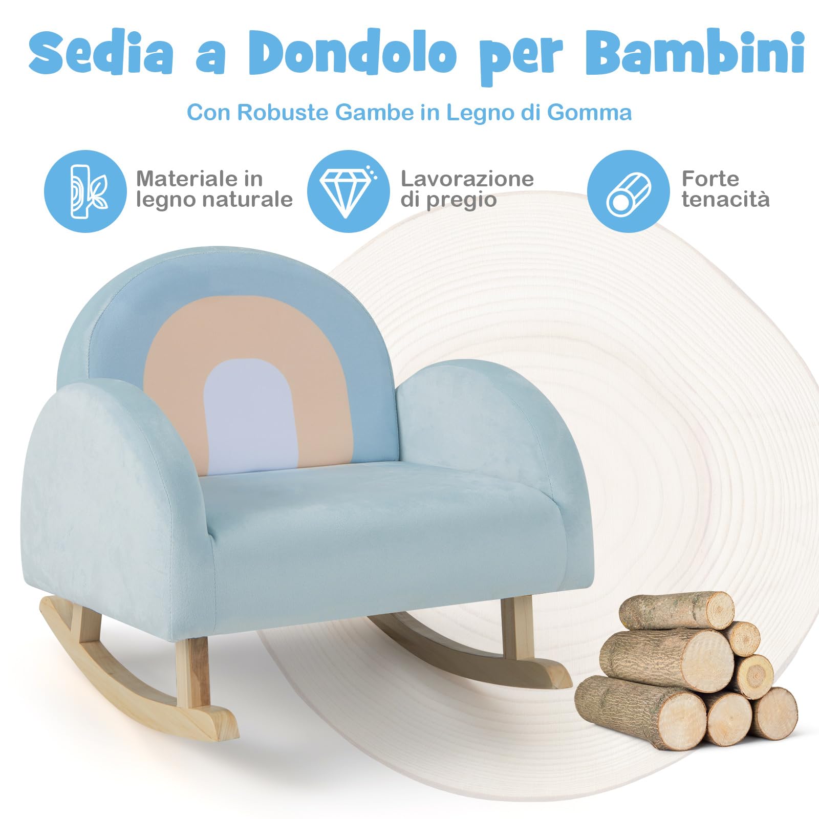 GYMAX Divano a Dondolo per Bambini 3-5 Anni, Gamba in Legno Massello, Poltrona Imbottita, Carini per Cameretta, Asilo Nido e Sala Giochi, Blu