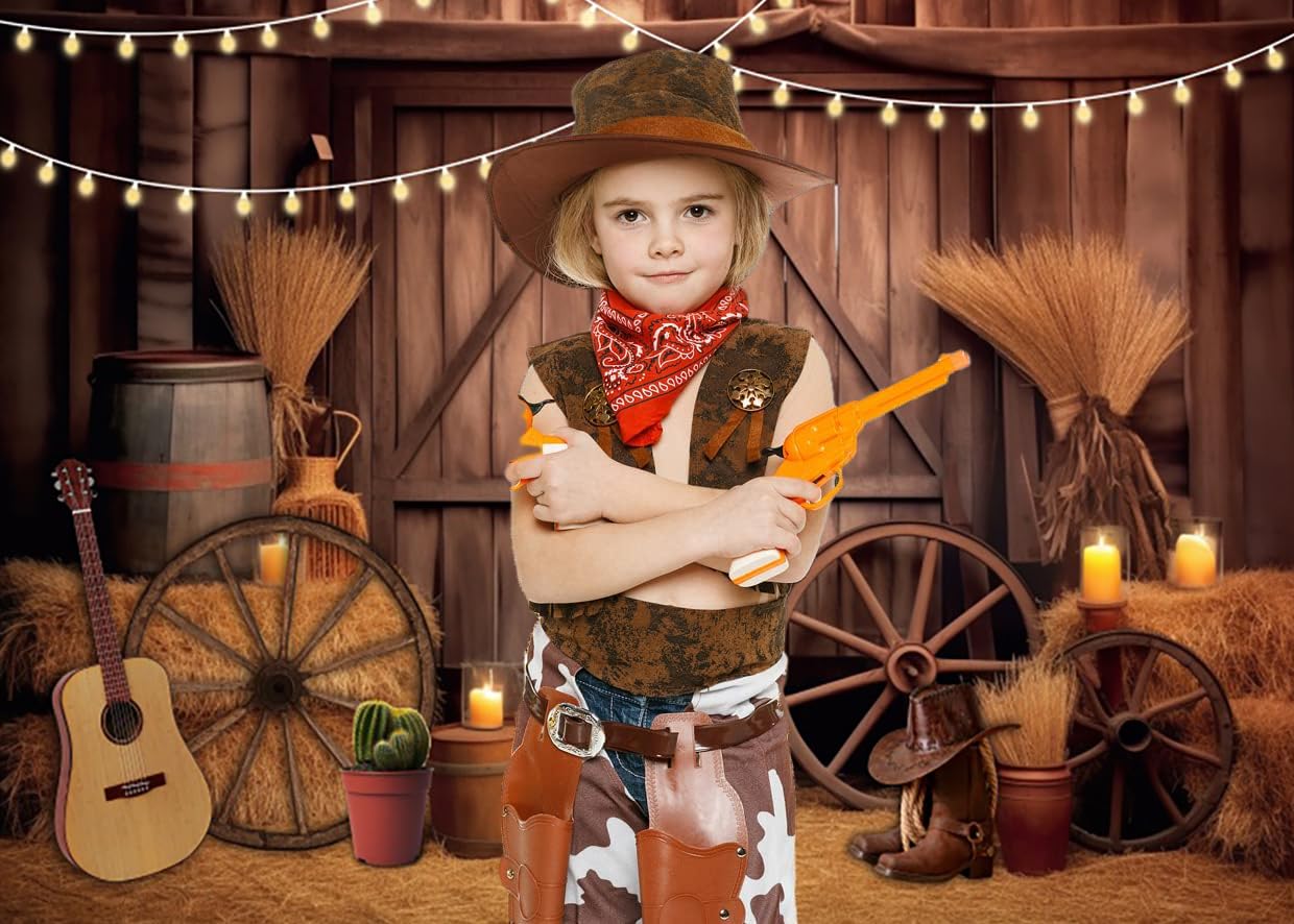 Fondo de Vaquero Occidental 3,6x2,5 m, Salvaje Oeste Casa de Madera rústica Puerta de Granero de otoño Telón de Fondo de Fotografía Baby Shower Cumpleaños Decoración de Fiesta Occidental Banner