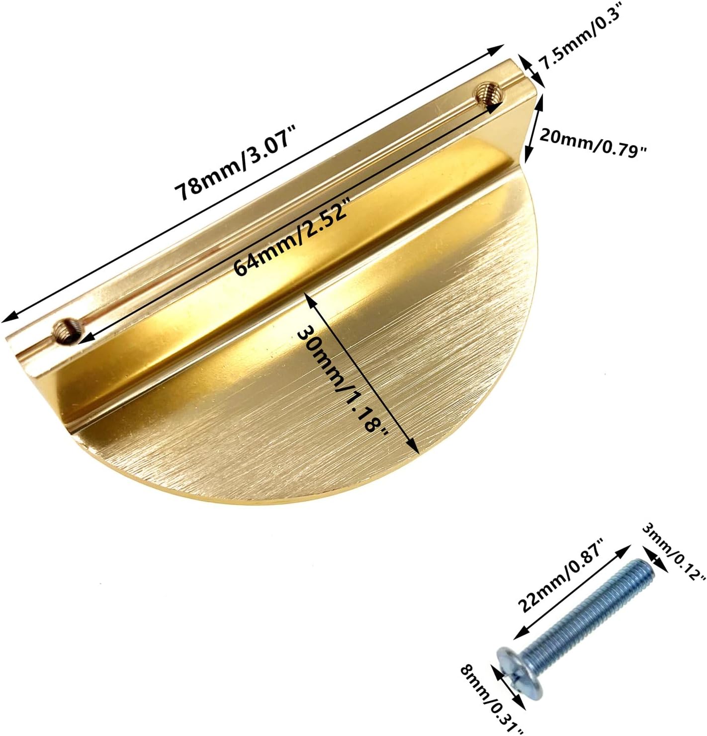 XMHF 4 Pack Semicircular Cabinet Pulls, Solid Brass Hardware Knobs, Drawer Dresser Handles, 2-1/2 Inch Hole Center, 3 Inch Overall Length, Kitchen Cupboard Hardware Golden