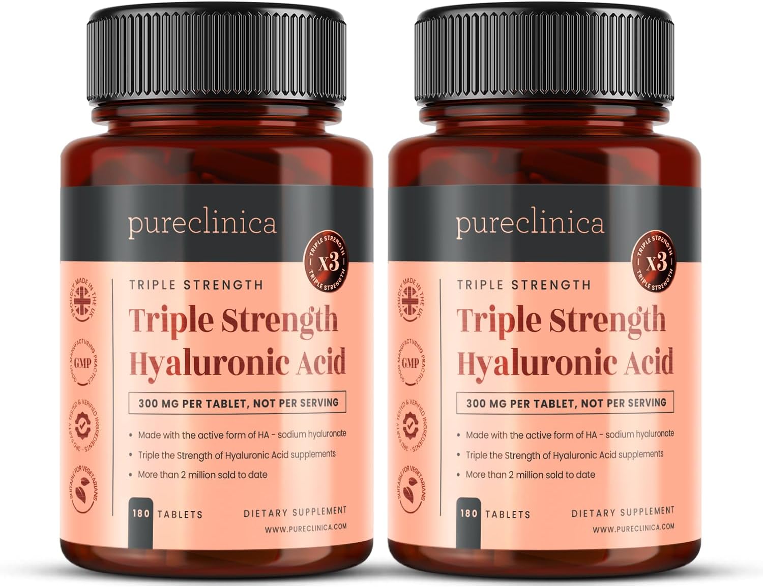 Hyaluronic Acid 300mg x 360 Tablets (2 Bottles of 180-12 Months Supply). Triple Strength Hyaluronic Acid. 300% Stronger Than Any Other HLA Tablet.