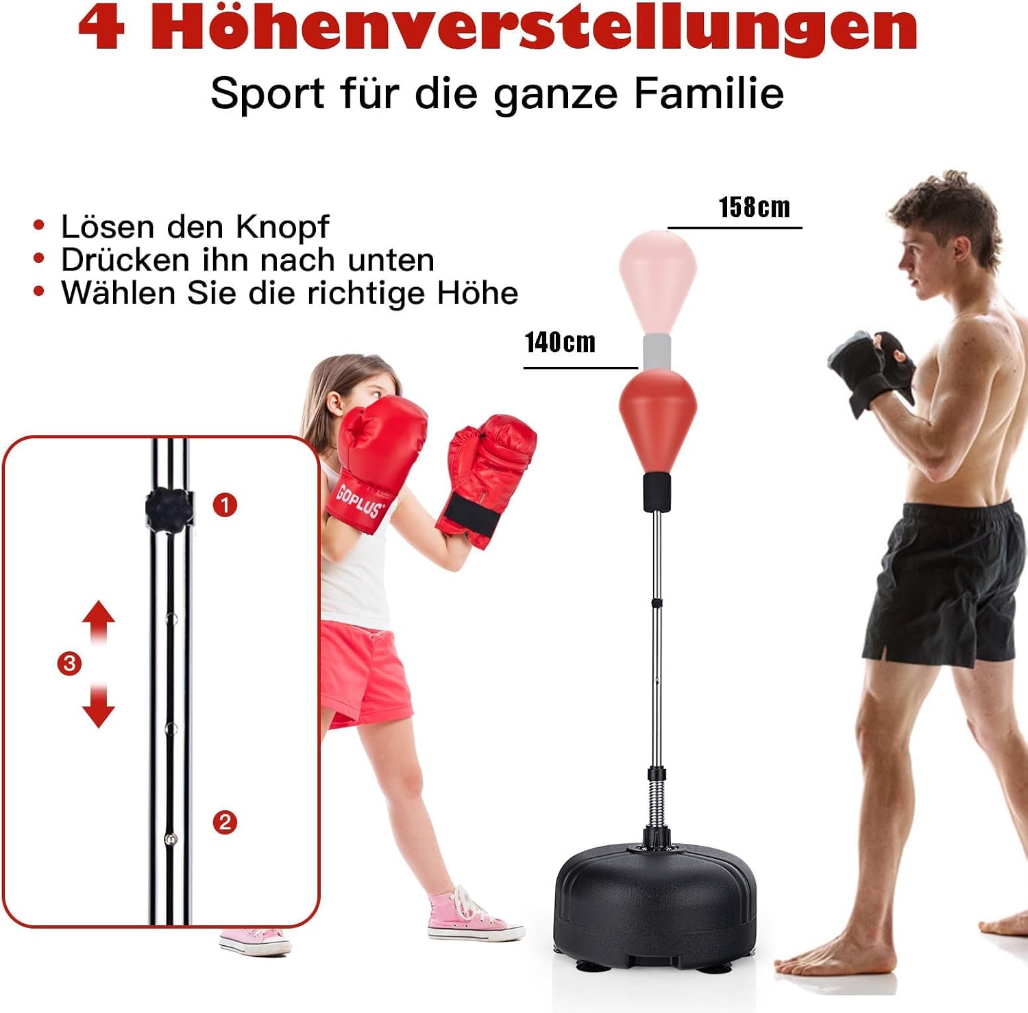 Standing Boxing Ball 140-158 cm Height Adjustable Punch Ball with Fillable Stand Punch Bag Set Freestanding Box Set with Boxing Gloves for Children and Adults