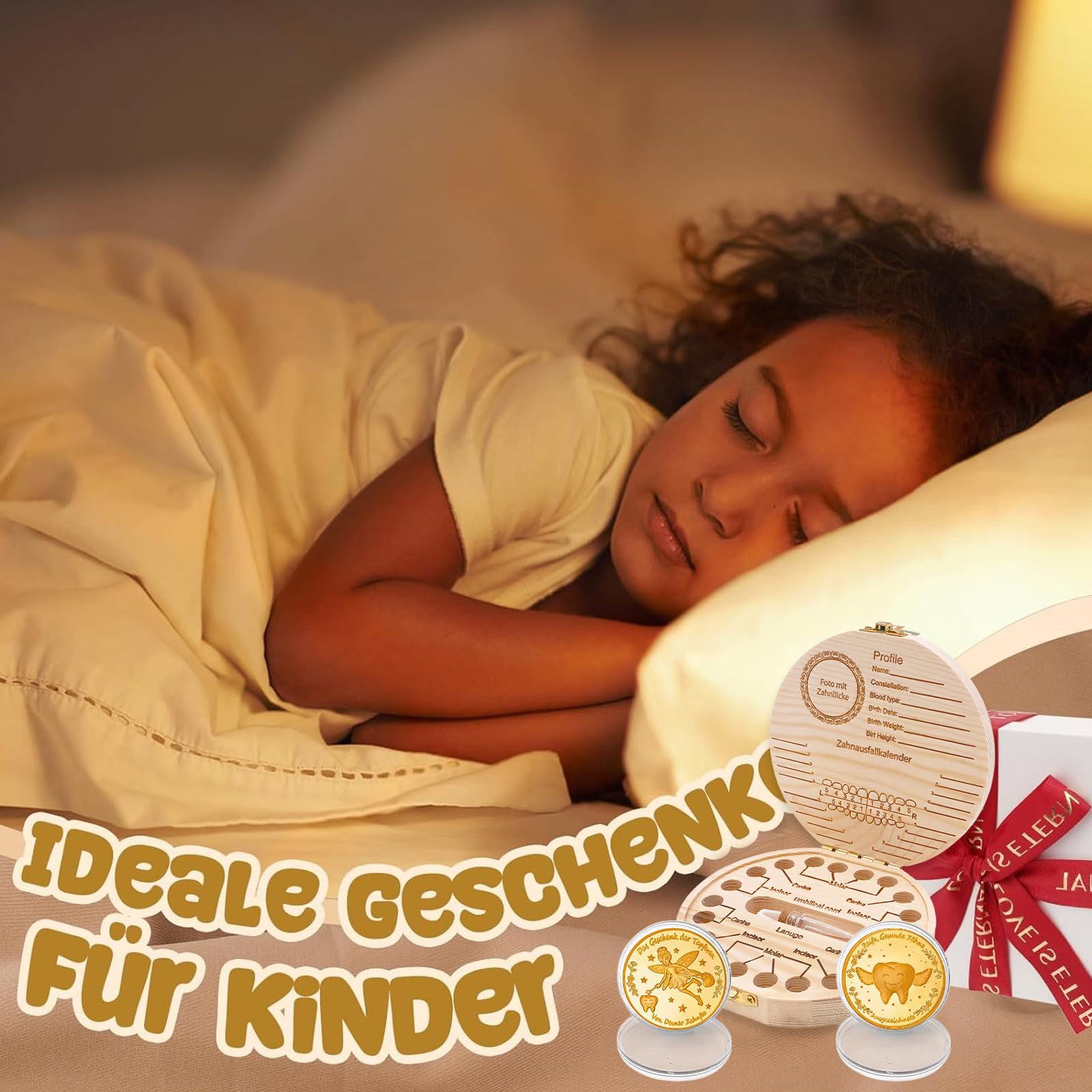 Caja de dientes de leche con motivos coloridos para niños y niñas, juego de regalo con 2 monedas, caja de dientes personalizable para dientes de leche, regalo para el tiempo