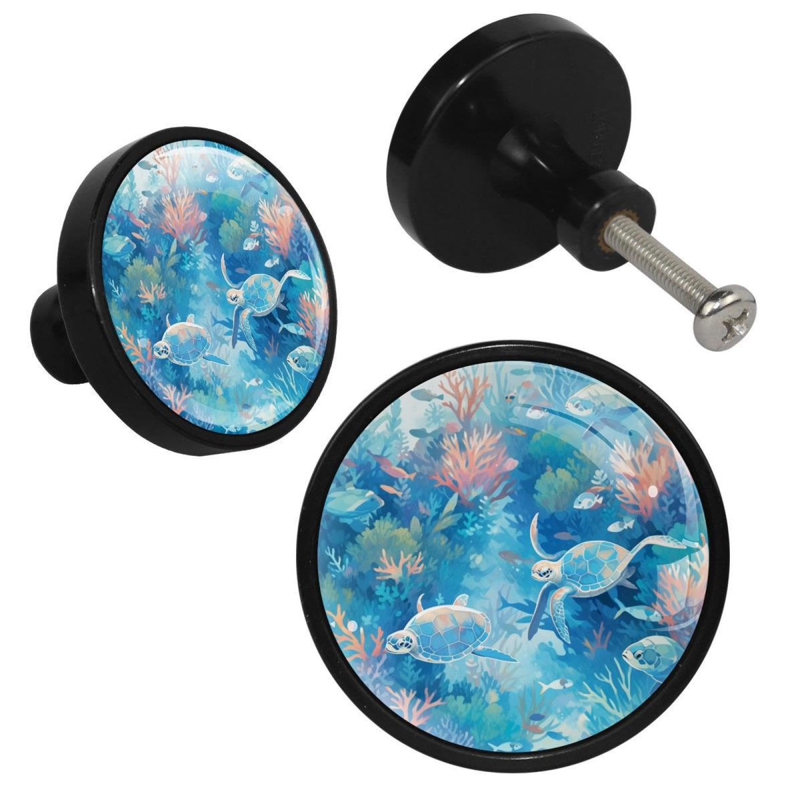 NUEAHEDN 4 PCS Ocean Turtle Cabinet Knobs, Bathroom Drawer Pulls Handles, Round Dresser Knobs Door Knobs for Kitchen Cupboard Nursery Wardrobes