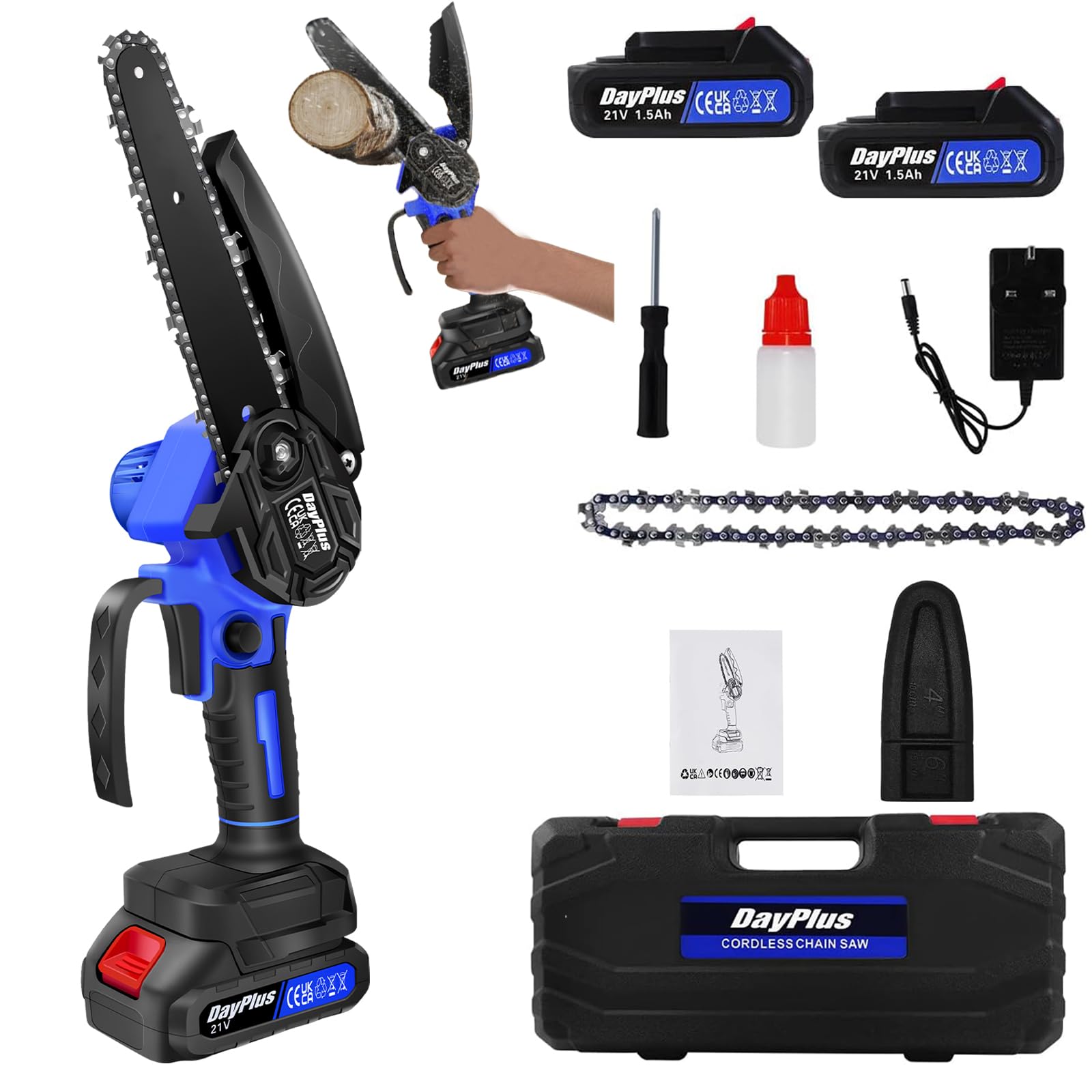 6 Inch Cordless Mini Chainsaw with Batteries and Charger, One-Hand Operated Portable Electric Chainsaws with Safety Lock, Oiler, Battery Powered Chain Saw, Electric Garden Saws to Cut Wood and Trees