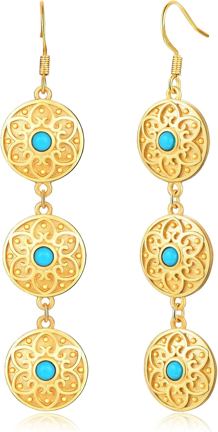 Bohemian Floral Filigree Gold Plated Turquoise Lapis Lazuli Drop Dangle Earrings, 925 Sterling Silver Durable Hook Earrings, Retro Jewelry Gift for Mother Women