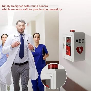 Wall Mounted AED Cabinet with Alarm & Lock, Round Edge Design Fits All Brands, Eye Catching Red Sign, Easy Install for Hotel Restaurant Hospital