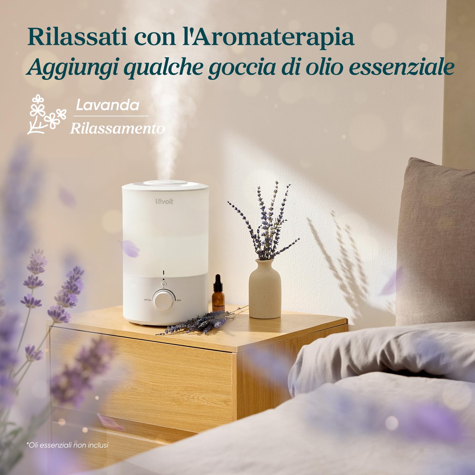 LEVOIT Umidificatore Ambiente, Top Fill, 3L/25H di Durata, 28dB Silenzioso, con Luce e Aromaterapia, Auto Spegnimento, Ugello a 360°, Facile Pulizia della Lavastoviglie, per Qualsiasi Camera