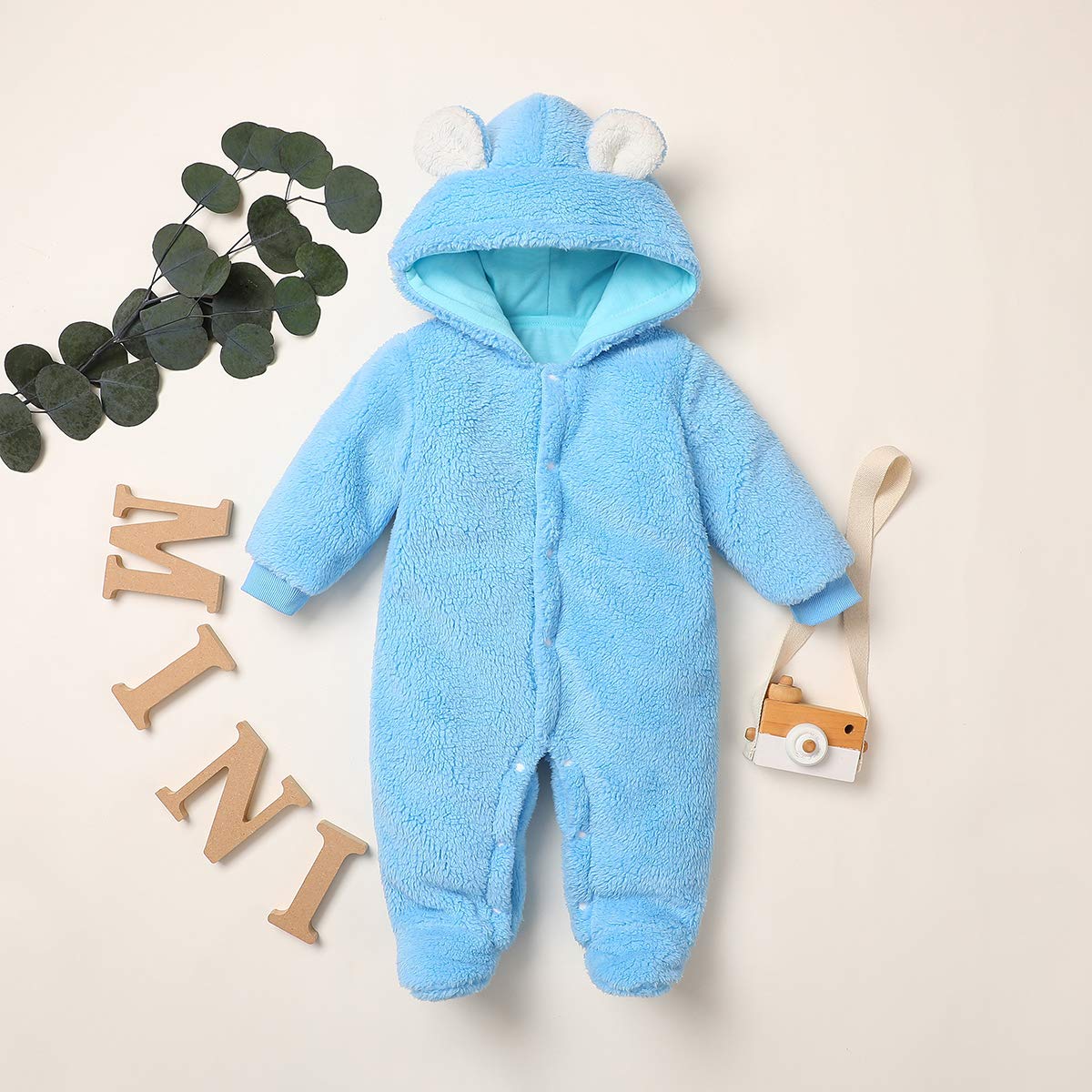 Yccutest Newborn Baby Outfits Long Sleeve Plush Hooded Romper Footies Jumpsuit Unisex Toddler Fall Winter Clothes (Blue,6-9 Months)