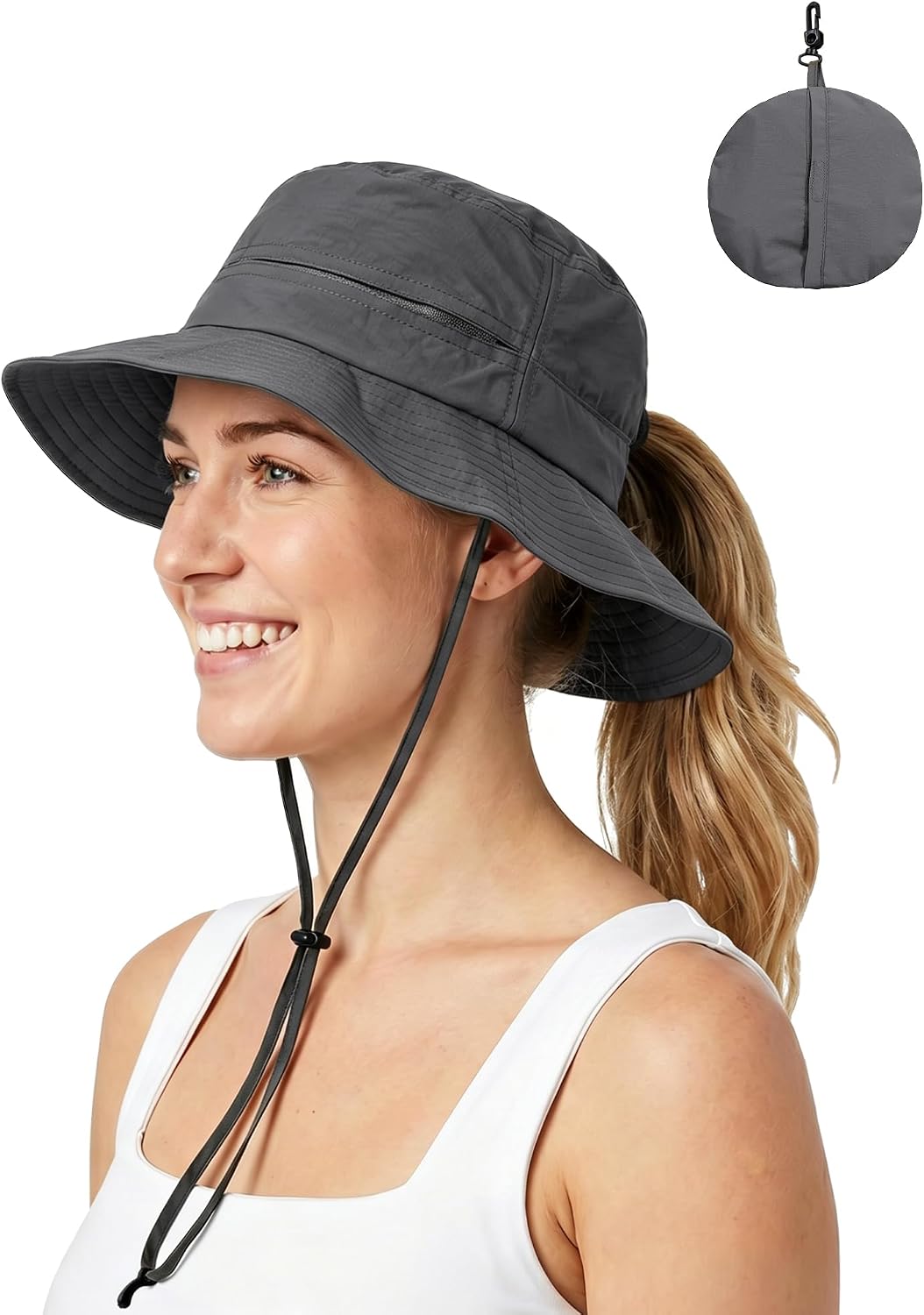 Womens Ponytail Sun Hat Packable UPF50+ Waterproof Bucket Hat Hiking Fishing Safari Hat Foldable Beach Hat