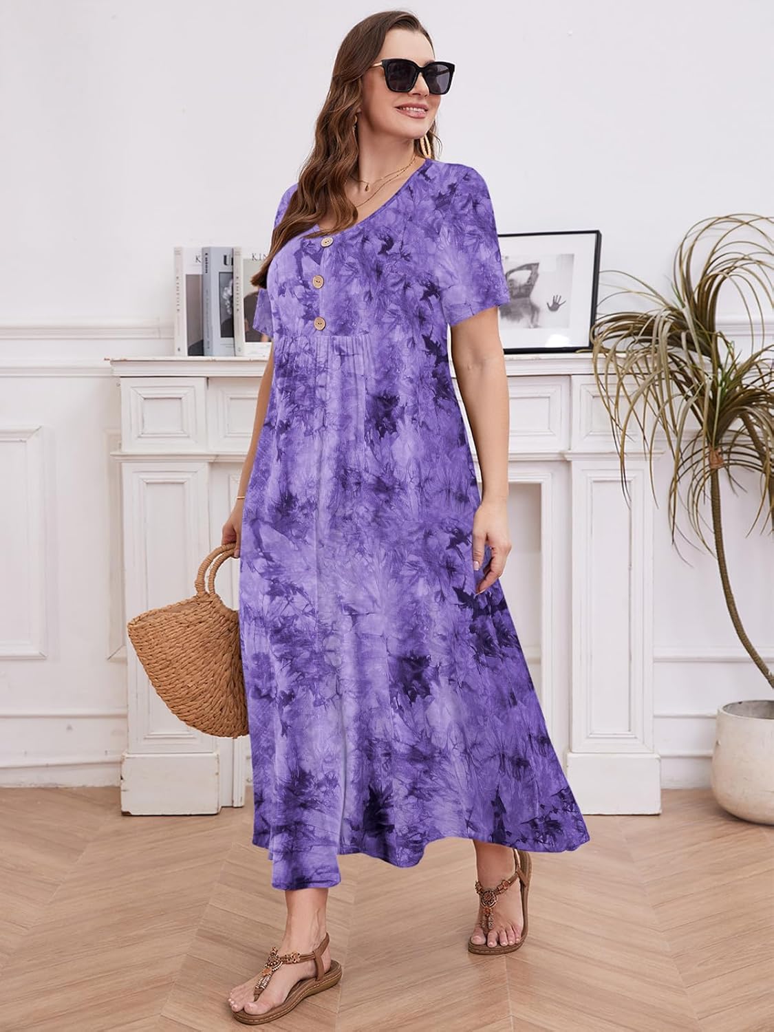 LARACE Womens Plus Size Short Sleeve Dresses Casual V Neck Button Up Pleated Flowy Long Maxi Dress with Pockets L-6XL - Image 6