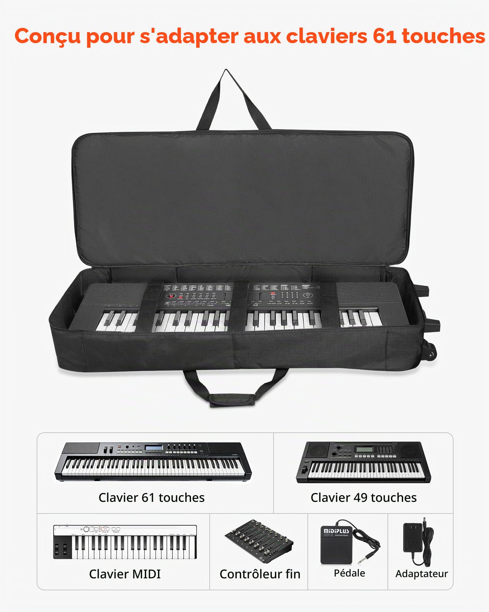 VEVOR Sac à Roulettes pour Clavier 61 Touches, 1680D, Housse de Transport pour Clavier 61 Touches et Piano Électrique, Intérieur 104x43x13 cm, Rembourrage Épais, avec Poignée, 3 Poches de Rangement