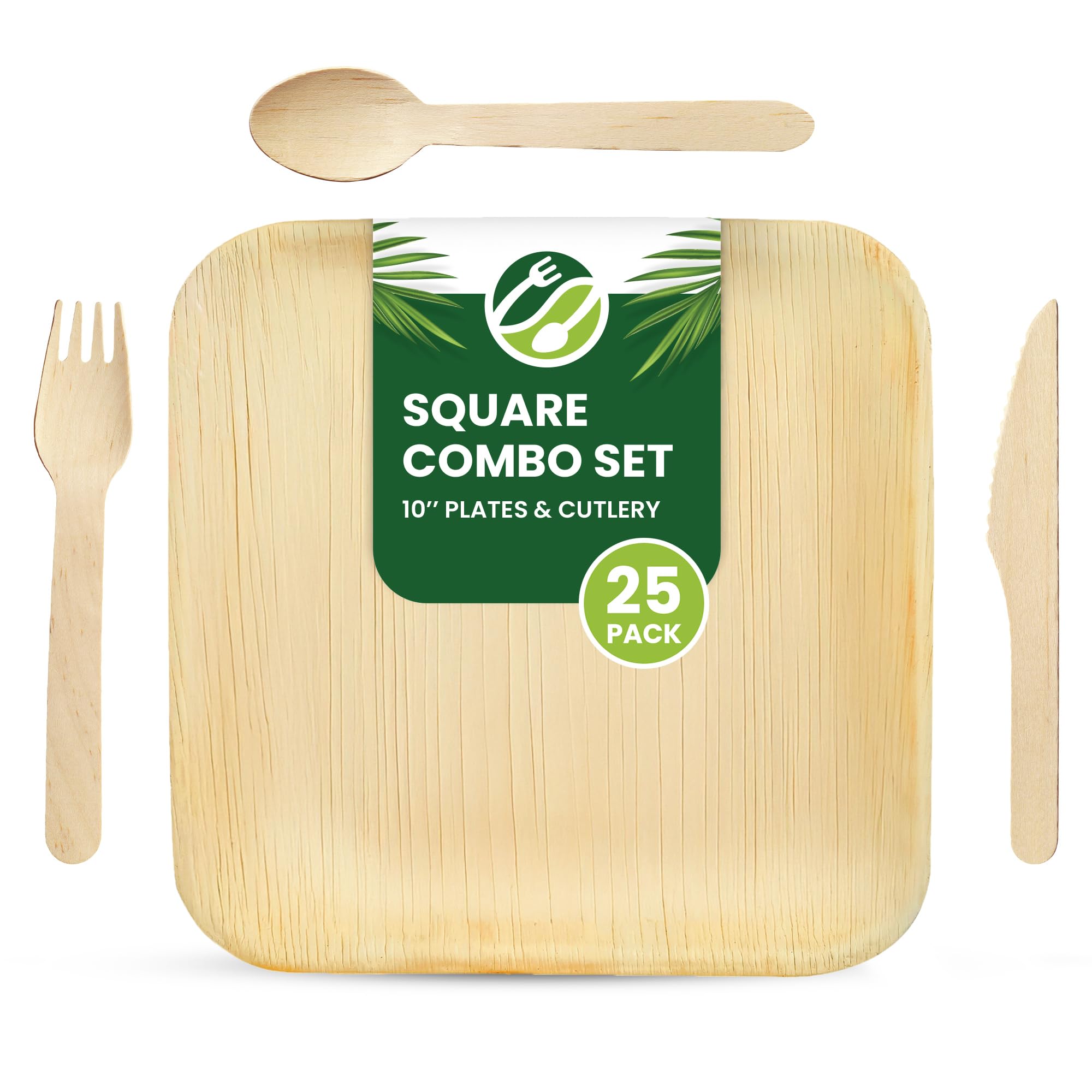 Eco Leaf 100pcs Disposable Palm Leaf Plates & Wooden Cutlery Set – 25 Large Square Plates, 25 Forks, 25 Knives, 25 Spoons – Eco-Friendly, Biodegradable, Perfect for Parties, Weddings, and Events