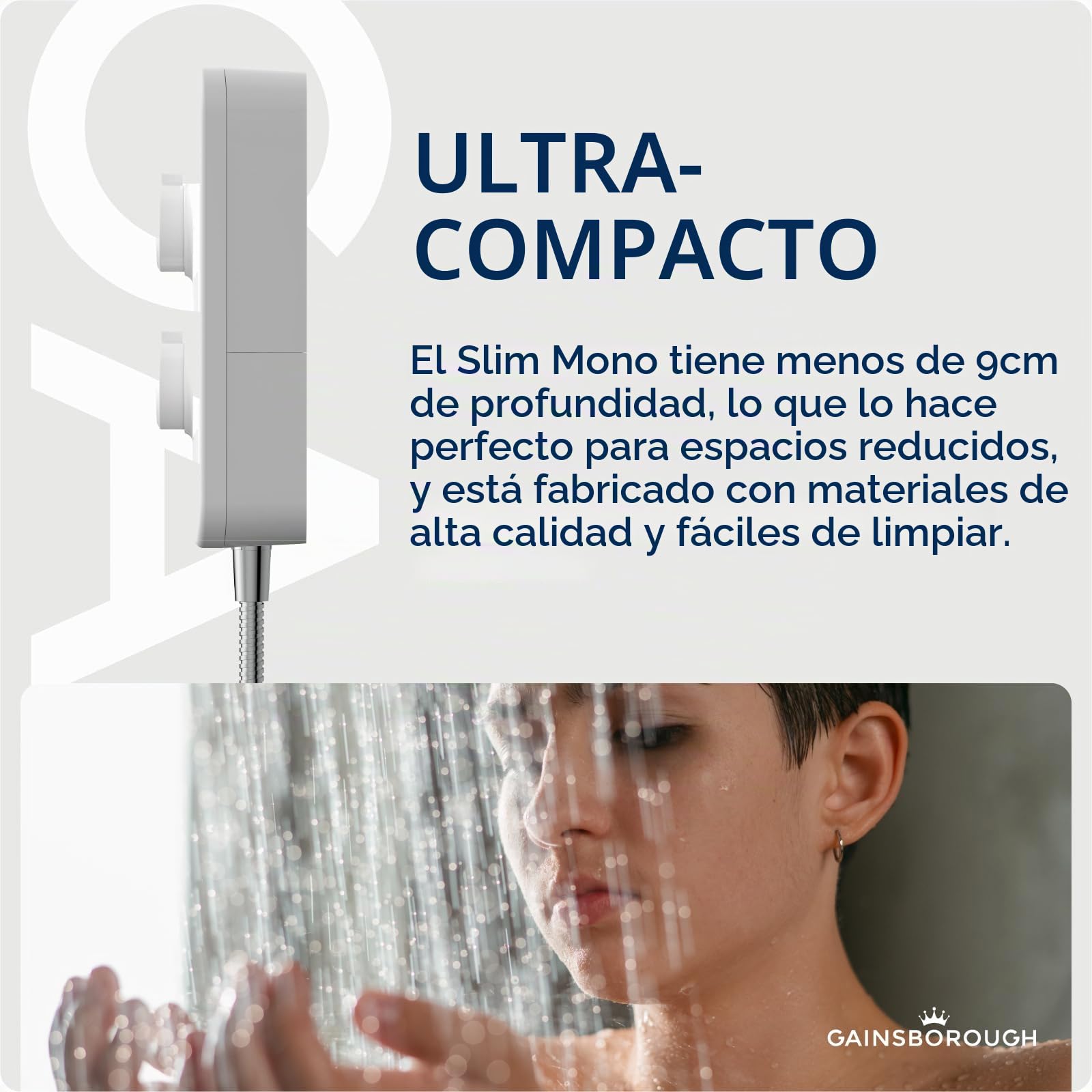 Gainsborough Slim Mono - Ducha eléctrica de 8,5 kW, color blanco, 1 modo de pulverización, cabezal ajustable, con manguera, boquillas de limpieza IPX4