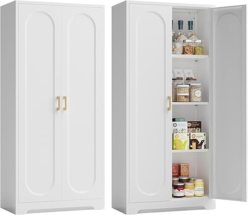 Miniatura 27 de Armario de almacenamiento de metal de 71 pulgadas de alto, armarios de almacenamiento de despensa de cocina con puertas y 4 estantes, armario de