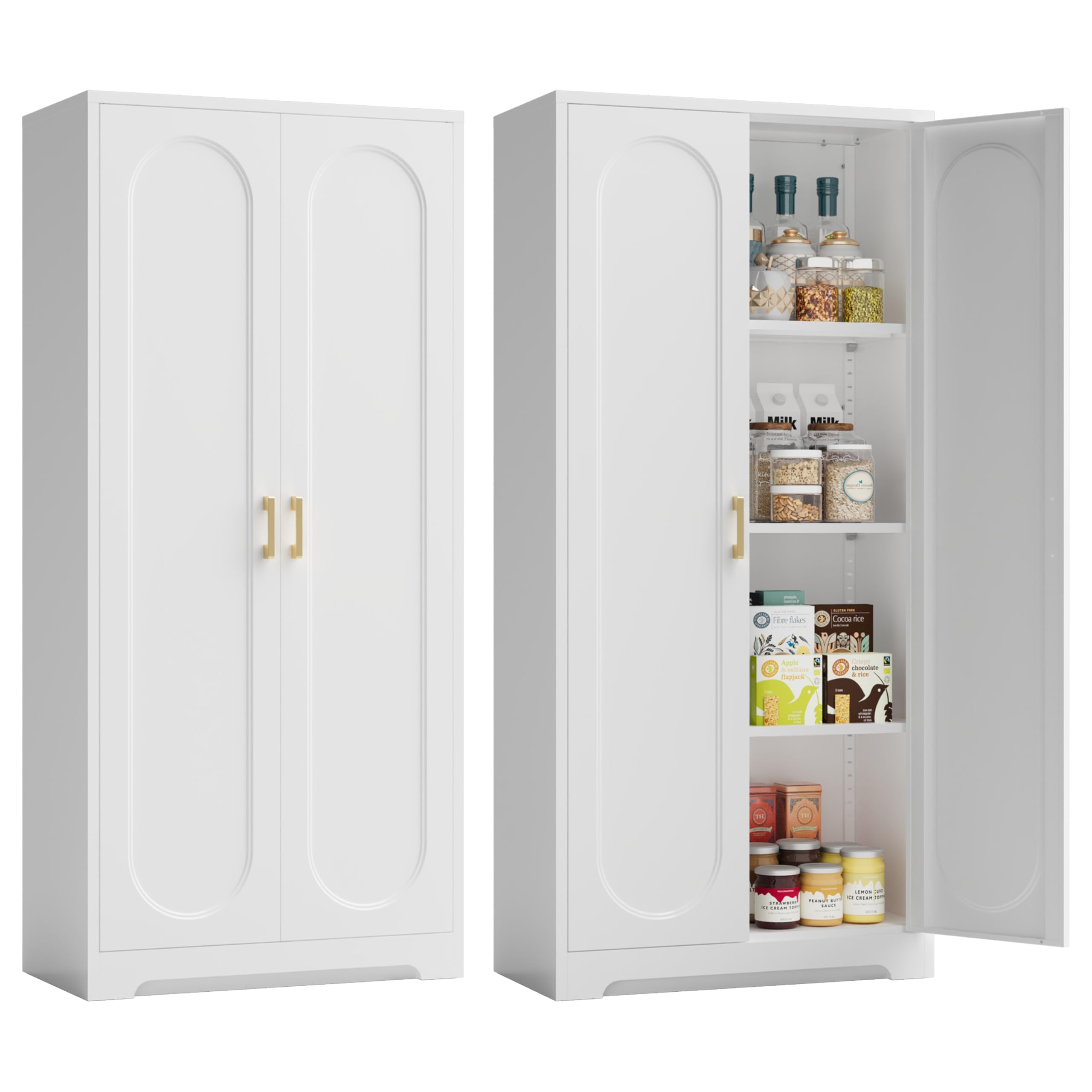 Metal Storage Cabinet with 3 Adjustable Shelves, 60" Tall Kitchen Storage Cabinet with Gold Handles, White Pantry Cabinets for Kitchen, Living Room,