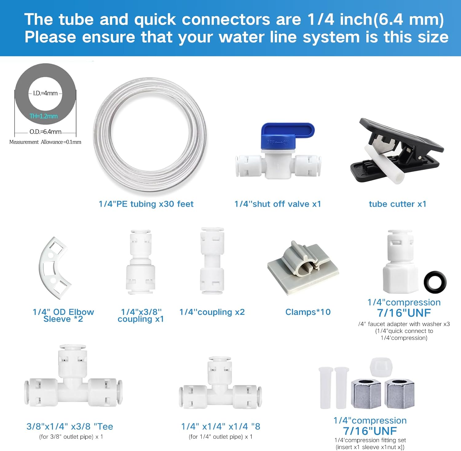 Refrigerator Water Line Kit, 1/4" OD Tubing with Quick Connect for Fridge Ice Maker RO Systems Water Filters Faucet 32.8FT