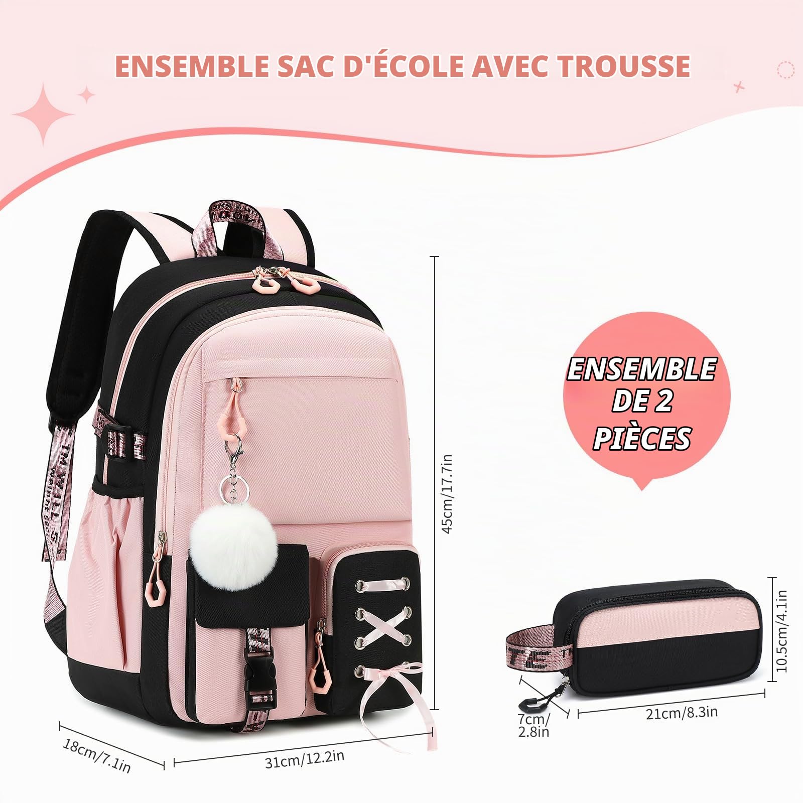 Ensemble Cartable Fille Primaire Collège 2 Pièces, Noir-Rose, 25L