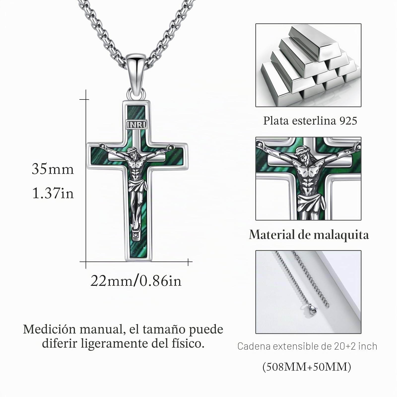 OHAYOO Cadena de cruz para hombre – Crucifijo de plata 925 colgante con abulón/turquesa/malaquita/lapislázuli y cadena de acero inoxidable – Cadena de plata cristiana para hombres