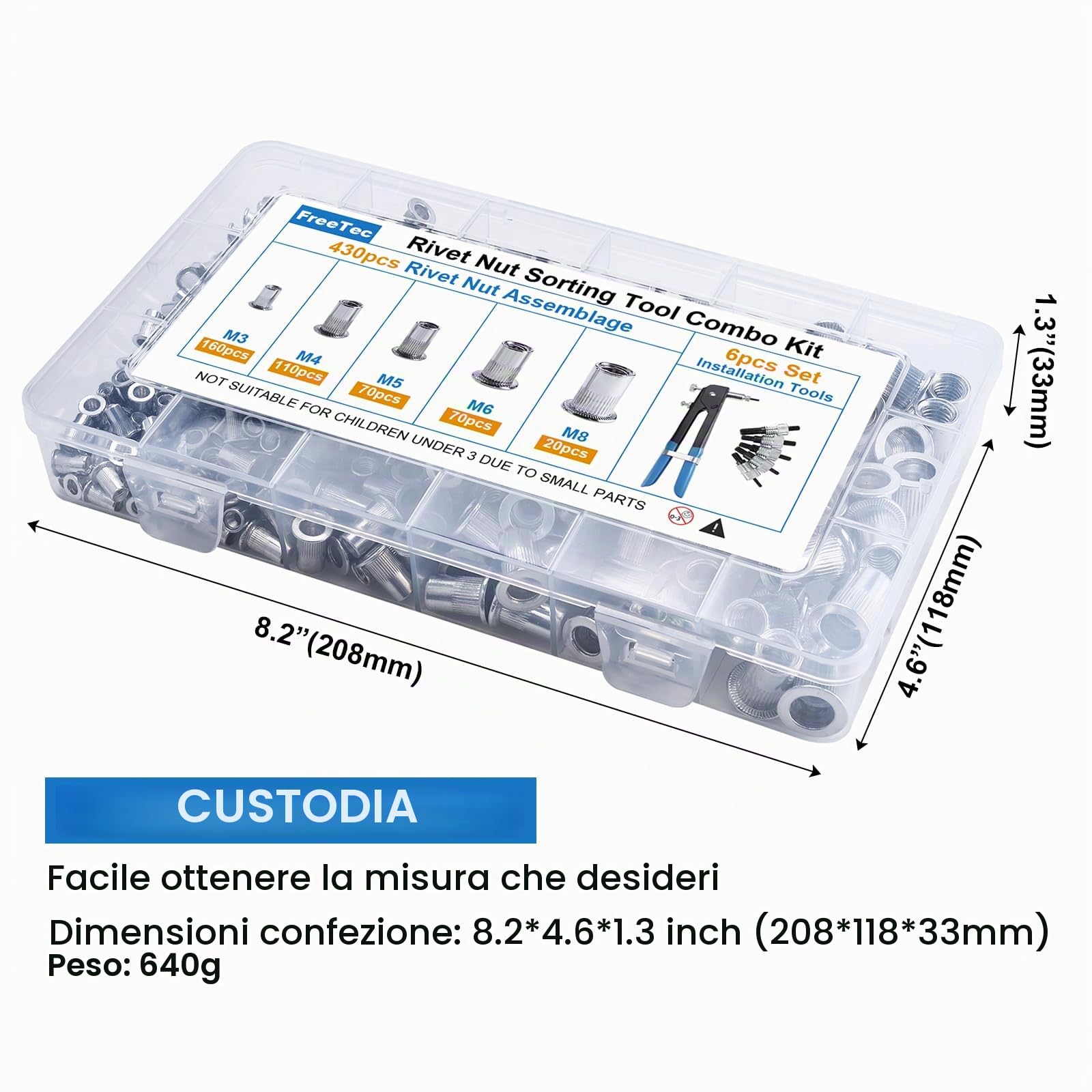 FreeTec 436Pz Rivettatrice per Inserti Filettati, M3 M4 M5 M6 M8 Kit Rivettatrice Manuale Dadi Filettati, Pinza Pistola Rivetti Filettati con Mandrini per Riparazione Mobili Rimorchio Auto Telaio Tubi