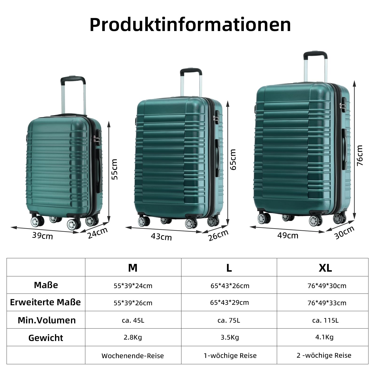 BEIBYE Hartschalen Koffer Trolley Rollkoffer Reisekoffer Zwillingsrollen Kofferset (Dunkelgrün, Set)