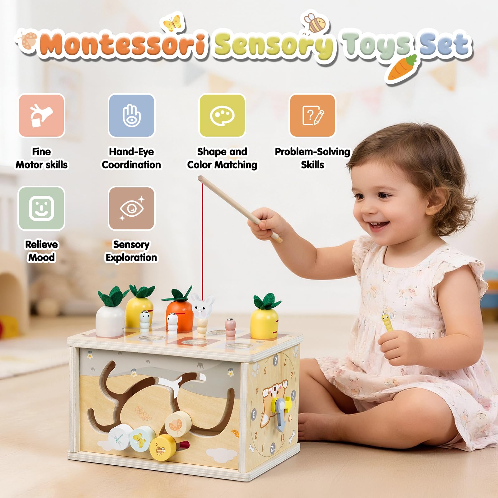 Montessori Spielzeug ab 1 Jahr，6-IN-1 Tücherbox Baby Spielzeug ab 6 Monate, Steckspiel Motorikspielzeug ab 1 2 Jahre, Sensorik Babyspielzeug für Kinder- Geschenk 1-2 Jahr Junge Mädchen