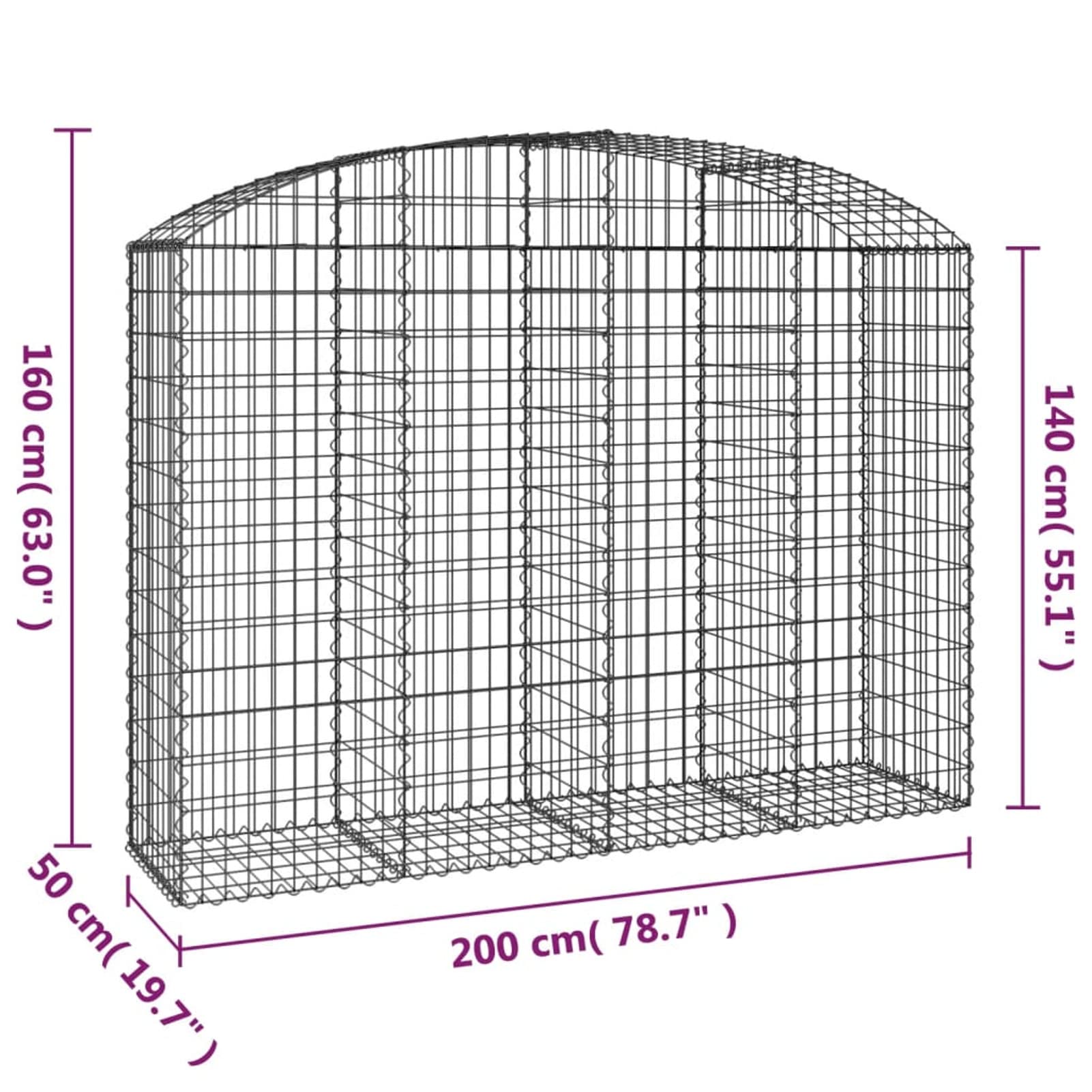 Gabione mit Hochbogen, Gabionenkörbe, Gabionen Hochbeet, Steinkorb, Gabionengitter, Kräuterspirale Für Garten, Drahtkorb Für Pflanzen, 200x50x140/160 cm Verzinktes Eisen