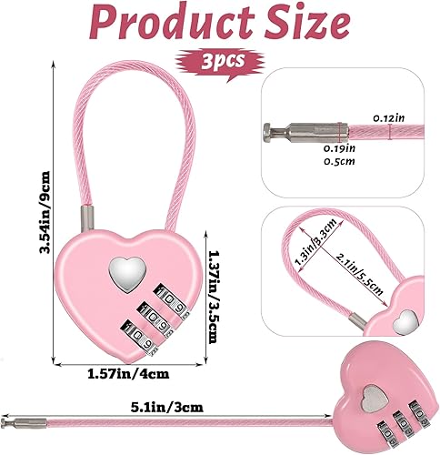 Miniatura 3 de 3 cerraduras de combinación de 3 dígitos para casillero, cerradura de corazón rosa con cuerda de alambre de acero, mini cerraduras para equipaje,