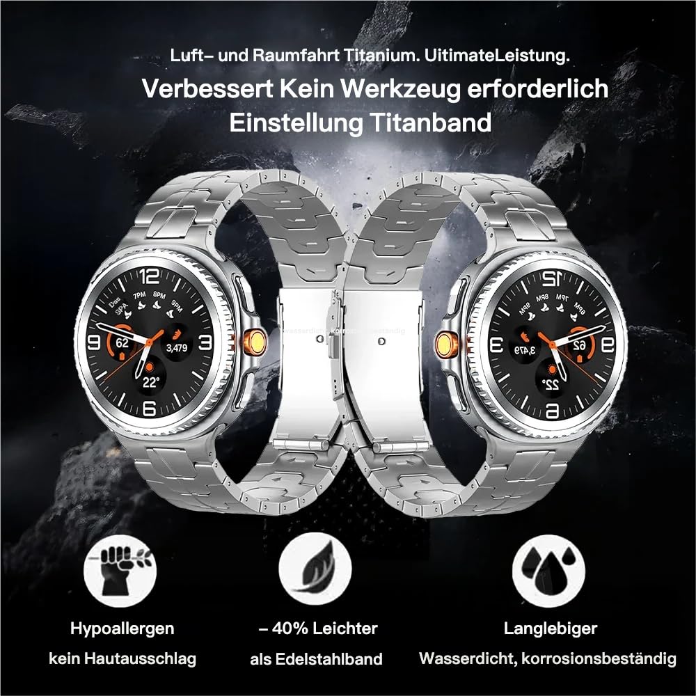 Bracelet en métal titane sans espace pour Samsung Galaxy Watch 8 (40 mm/44 mm)/8 Classic (46 mm) - Bracelet réglable en titane avec double boucle de sécurité - Léger et hypoallergénique - Pour