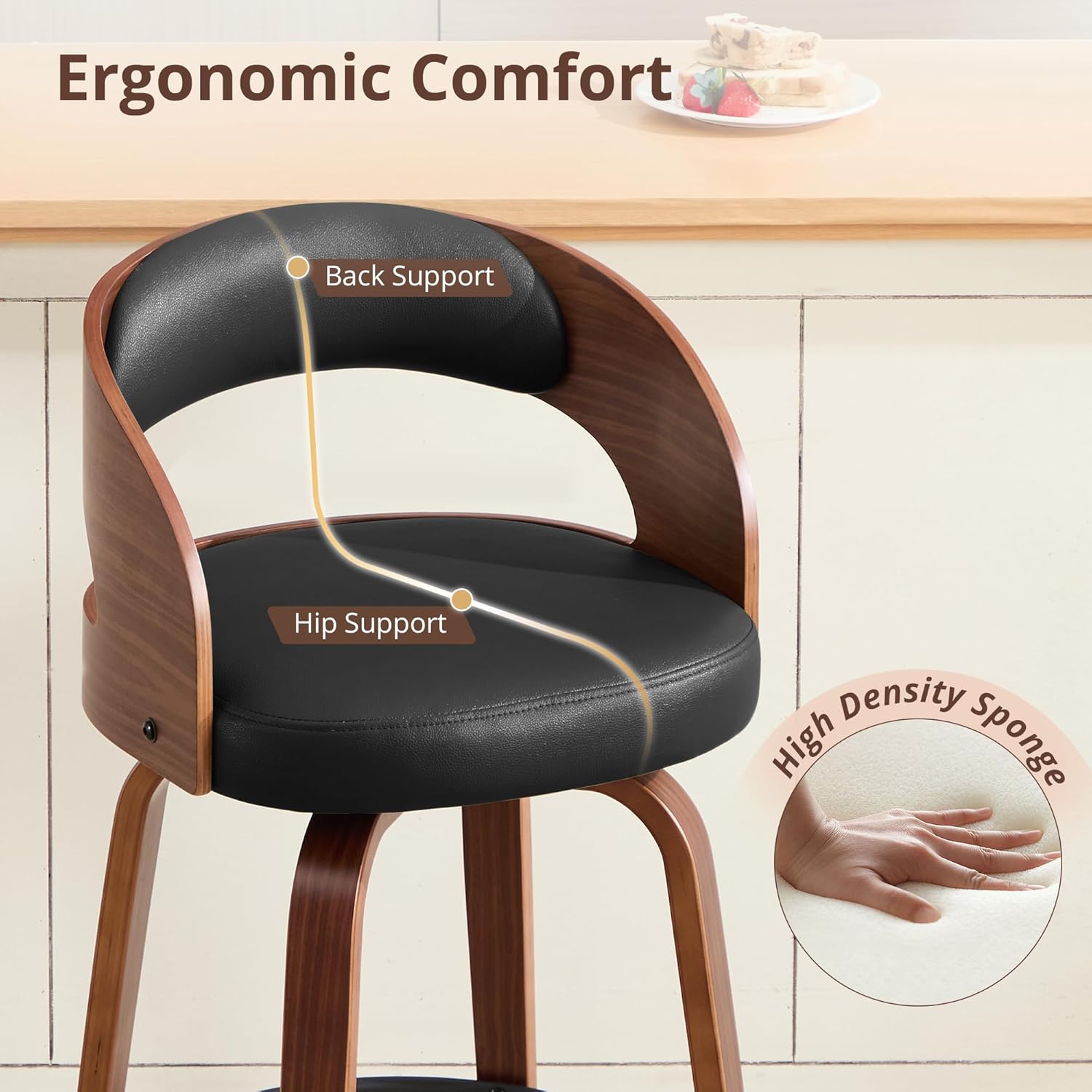 Swivel Bar Stools Set of 3,26" Faux Leather Upholstered Counter Height Barstools with Back,Mid-Century Modern Bar Chairs with Bentwood Legs and Footrest for Kitchen Island Bar Counter Black