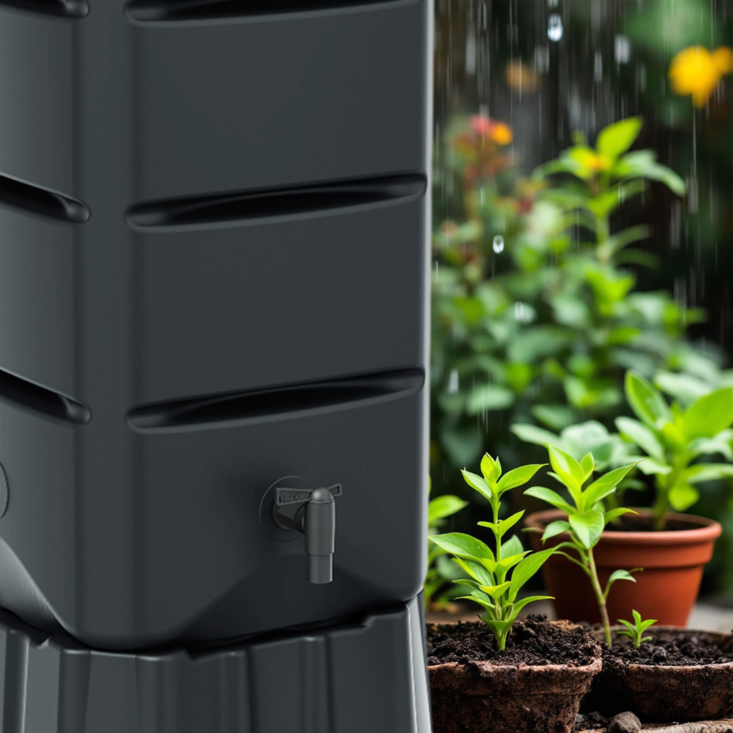 Récupérateur d'eau de pluie rectangulaire anthracite avec robinet et sangle de sécurité - 120 l - En plastique - Gris - 130 x 37 cm - Avec pied - Réservoir d'eau de pluie - Réservoir d'eau de jardin
