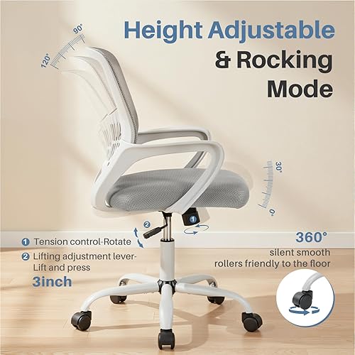 Miniatura 6 de DUMOS Home Office Computer Chair - Ergonomic Mid Back Desk with Lumbar Support and Rocking Mode, Height Adjustable with Fixed Armrest, for