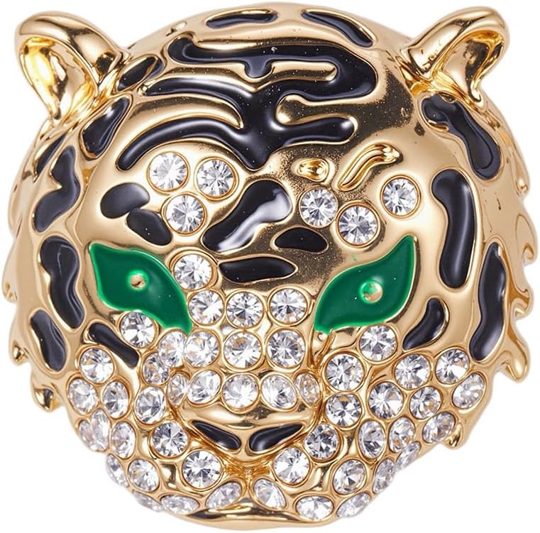 Vintage Tiger Head Brooch Sparkling Rhinestone Tiger Lapel Pin for Women Men Animal Jewelry for Coats, Scarves, Bags (Gold Green)