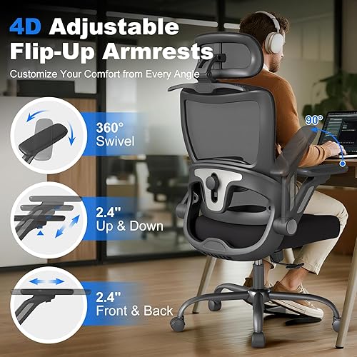 Miniatura 4 de ZZH Silla de oficina ergonómica, silla de escritorio de malla de respaldo alto con soporte lumbar ajustable, reposabrazos abatibles 4D,