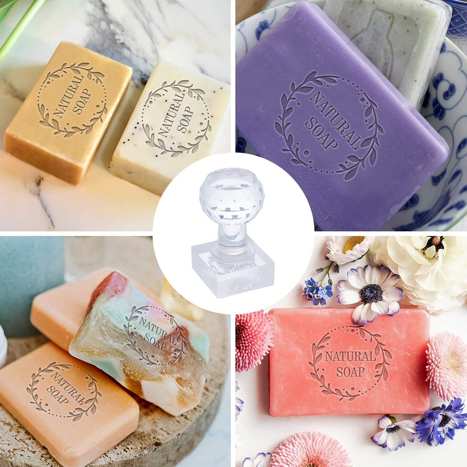 PH PandaHall Word Acrylic Stamp with Handle - Round Soap Chapter Imprint Stamp for Handmade Soap, Cookie, Clay, Pottery and Biscuit Making