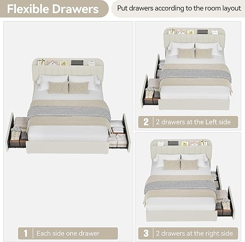 Miniatura 6 de Base de cama tamaño matrimonial de IDEALHOUSE con 2 cajones flexibles y cabecero tipo estantería, base de cama tapizada con plataforma para