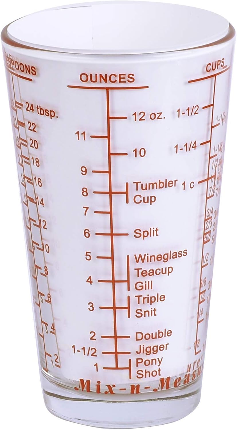 Kolder Mix N Measure Glass, Multi-Purpose Liquid and Dry Measuring Cup, 6 Units of Measurement, Heavy Glass, Red