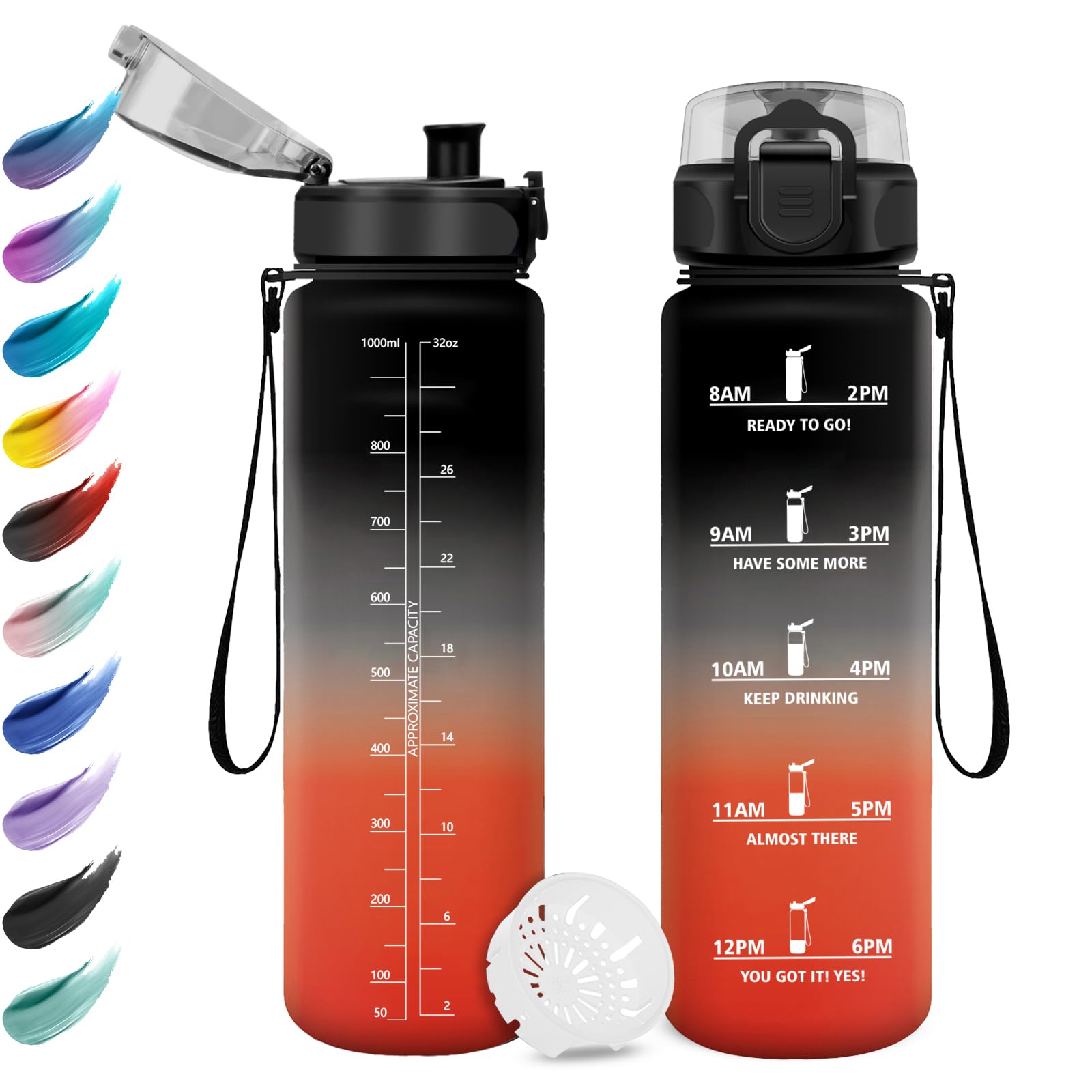 KollyKolla Water Bottle 1 L, Sports Water Bottle with Filter, Leak-Proof Drinking Bottle Suitable for Carbonated Drinks, Motivational with Time Marking, Sports Bottle for Yoga, School, Camping, Bike