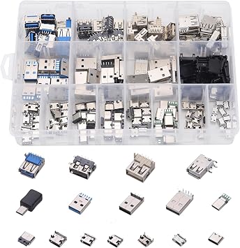 180PCS Connector Assortment Kit 16 Models Micro USB, USB 2.0 Female, USB 3.0 Male, Type C Socket Plug Kit for Electronics, DIY, and Repairs