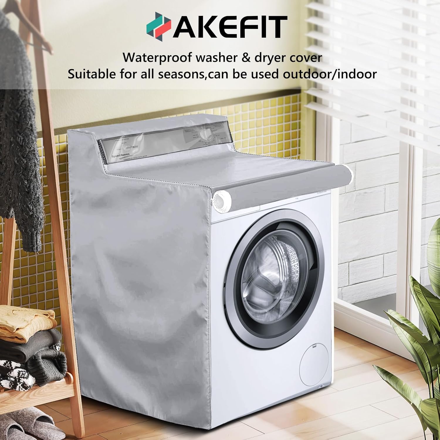 AKEfit 1 Pack Washing Machine Cover, Waterproof Dustproof Washer Dryer Cover with Zipper and Perspective Window ,Fit for Front Load or Top Washer and Dryer 27"Wx26"Dx43"H,Silver