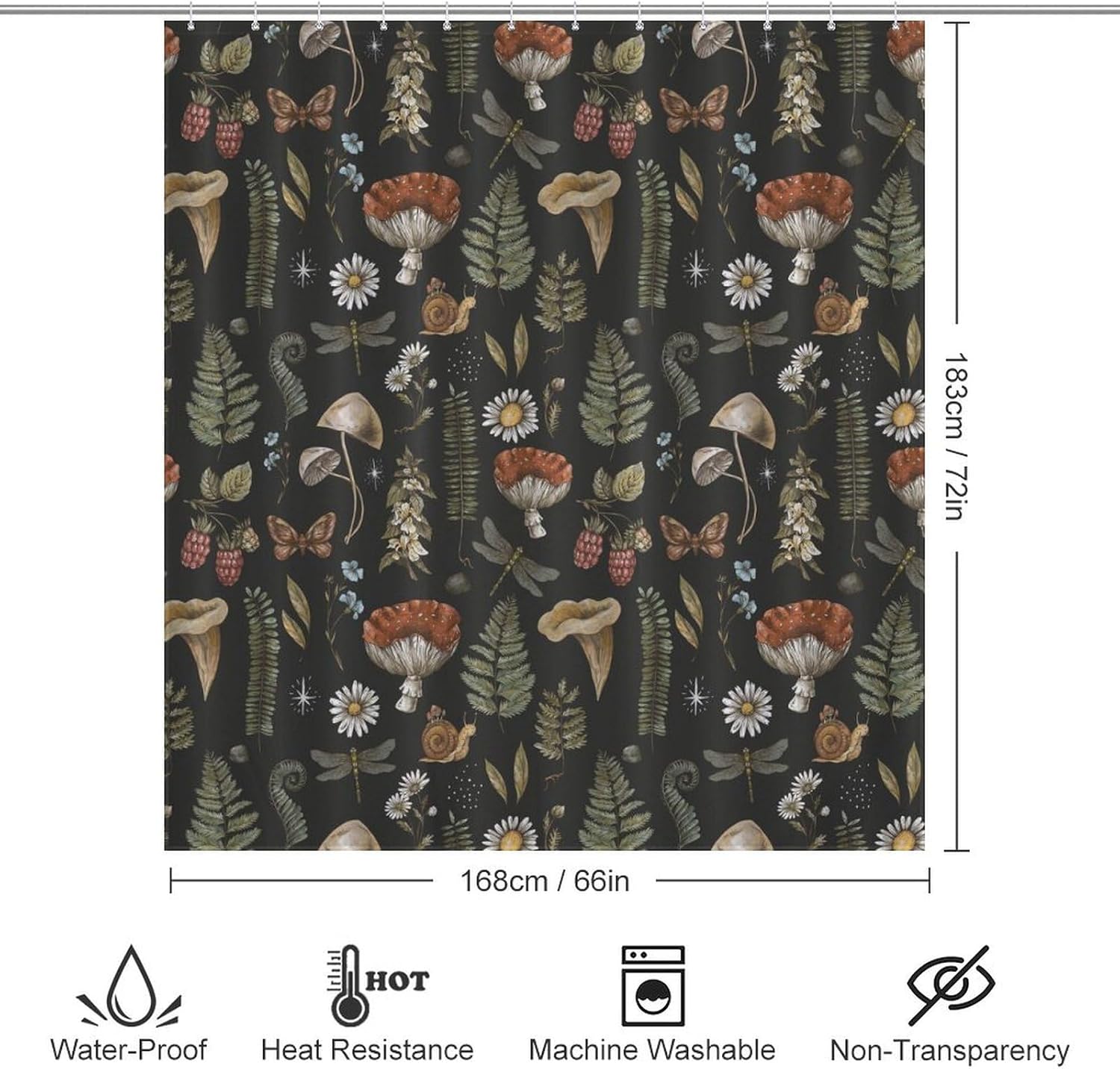 Mushroom Shower Curtain,Various Mushrooms and Leaves Botanical Wild Animals Print Art Bathroom Curtain Decoration Washable Polyester Fabric 66x72Inch（168x183cm）