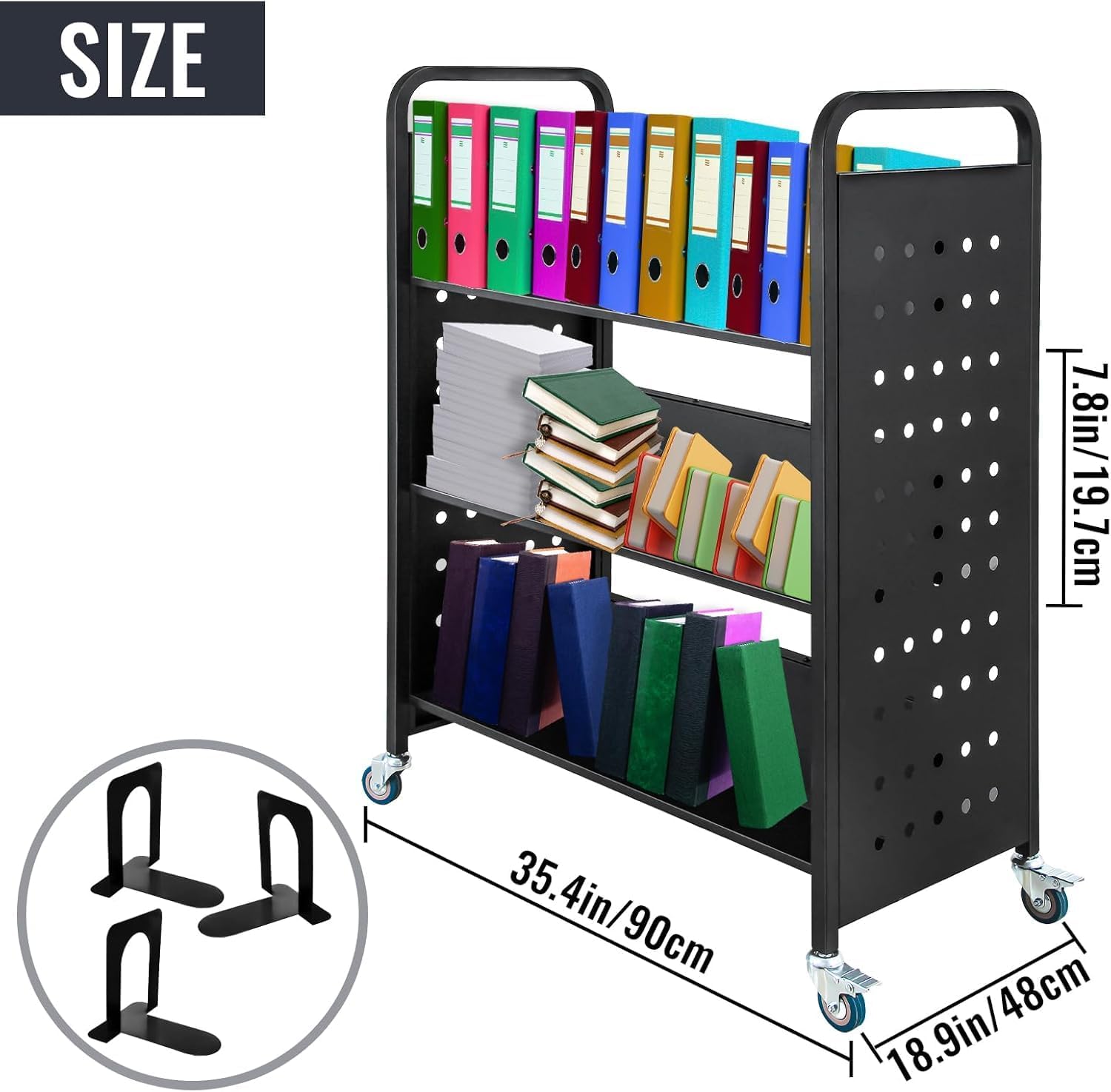 200Lbs 6-Shelf Book Cart Double Sided W-Shaped Sloped Shelves Rolling Library Cart with 2 Lockable Wheels for Home Office School